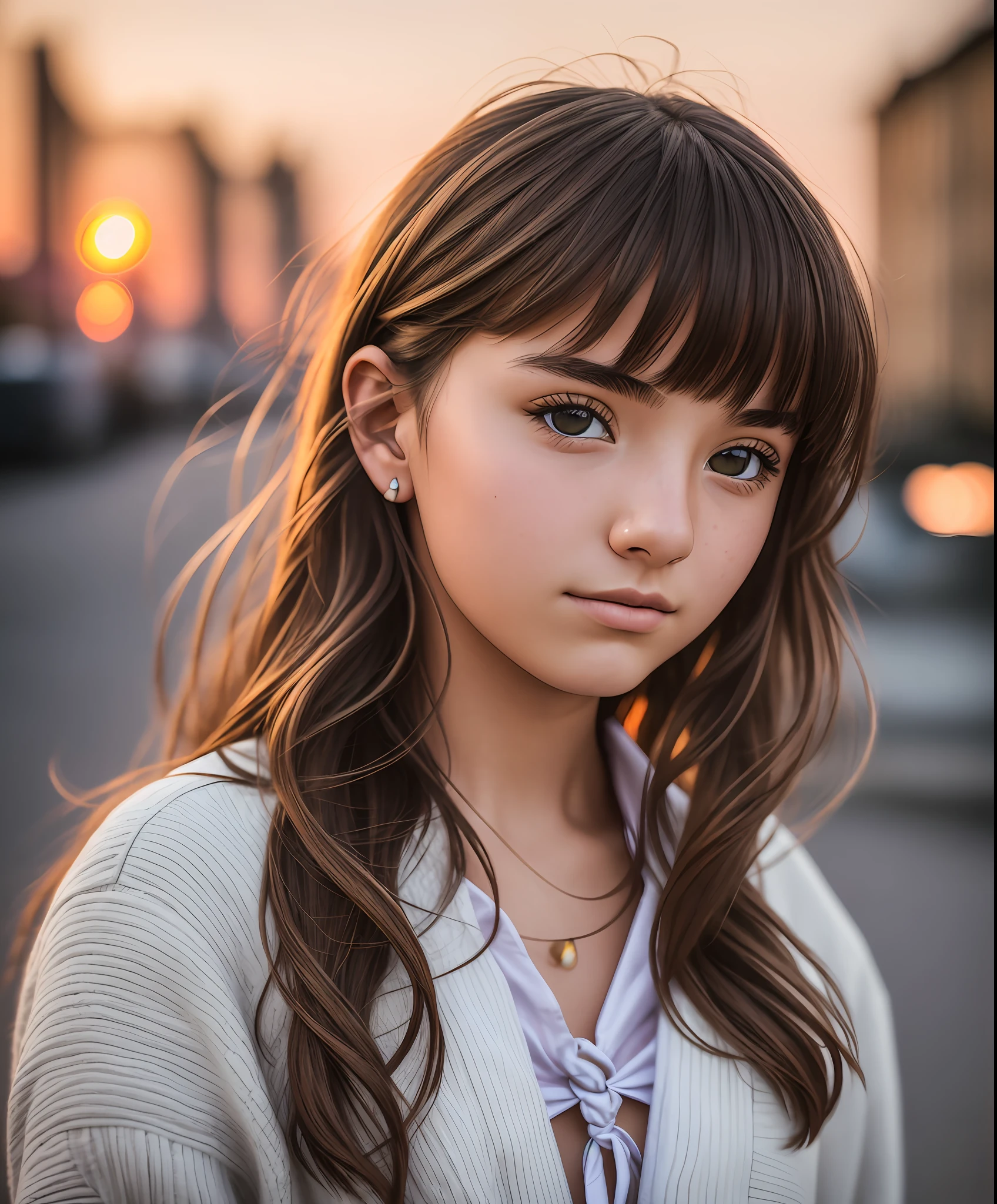 Close-up shot, 55mm Canon lens, volumetric lighting, Fujifilm XT3 lens, a girl, 18 years old, brown tied hair, European street in the background, sunset, high resolution image, detailed texture, realistic depth of field --auto --s2