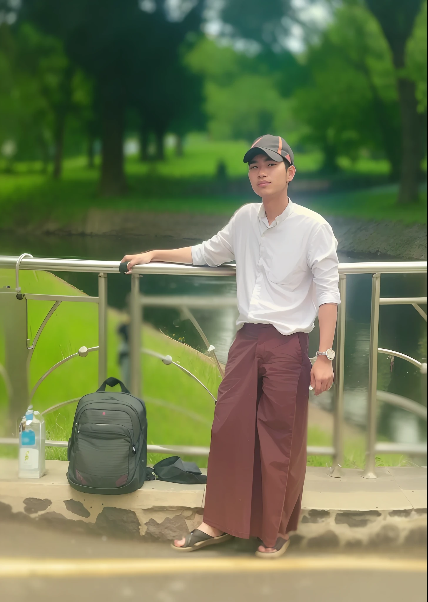 arafed man standing on a bridge with a suitcase and a backpack, in a park, old picture, around 1 9 , at a park, with a park in the background, profile picture 1024px, in style of thawan duchanee, thawan duchanee, in a city park, at college, with lovely look