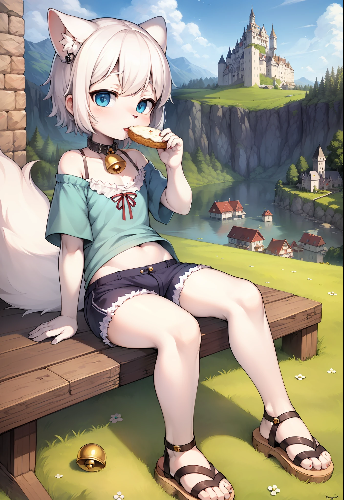 Masterpiece, high quality, absurd resolution, digital painting \ (artwork \), by dagasi, Yupa, Kiyosan, (fluffy fur, white fur, full body fur,). Boy, blue eyes, white hair, shorts, sandals, bright eyes, panorama, character focus. Detailed background, eating, outdoors, castle in the sky, (bells, pet collars, loose clothes: 1.2)