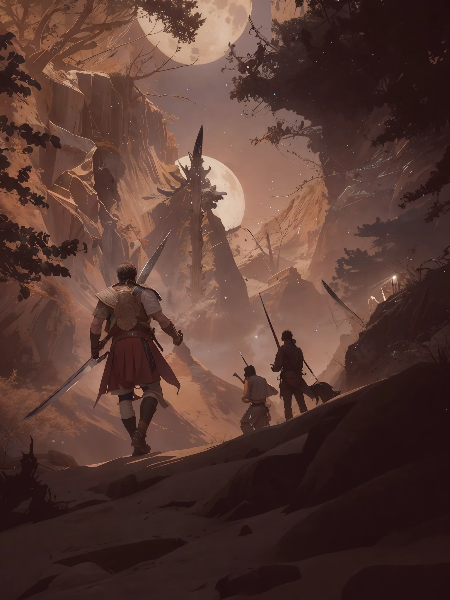The warrior holds a sword, back, antique, 4K, super high quality, a bright moon in the sky, drop shadow, cinematic lighting