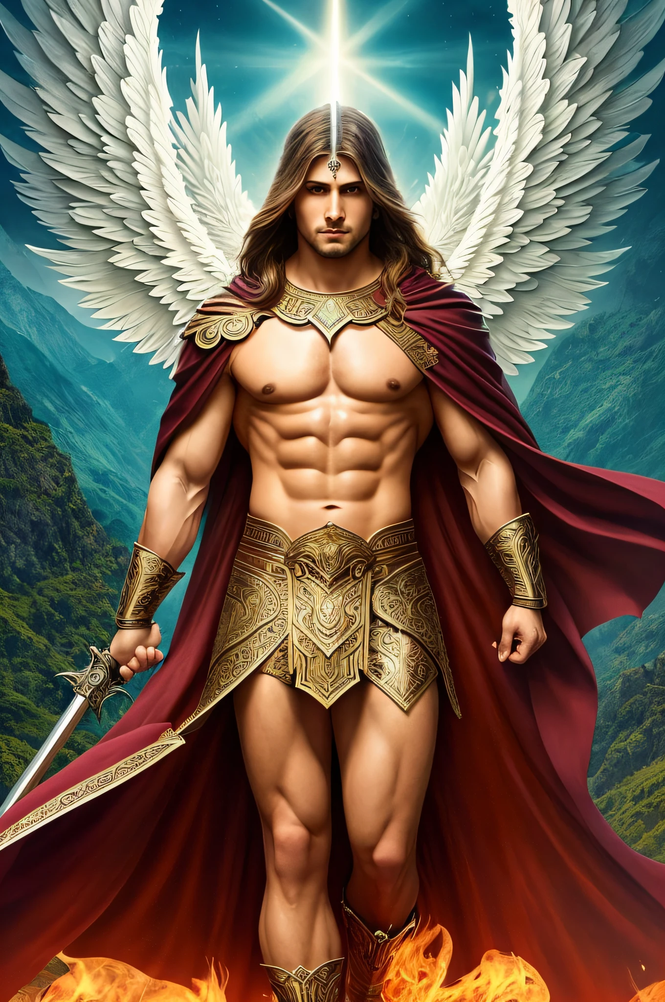 (masterpiece) create an ultra realistic portrait of a strong and handsome male archangel. The archangel must have a confident and powerful expression on his face, with piercing eyes that convey his strength and wisdom. Your hair should be long and fluid, and your skin should be smooth and flawless. As for clothing, the archangel should be adorned in regal and luxurious Greek green tunics, perhaps with a long flowing cloak that stretches behind him in the wind. He should be carrying some kind of weapon, perhaps a sword of light or a spear of fire, to signify his strength and power. The general mood of the image should be one of awe and reverence, with the god portrayed in a majestic and divine manner. The background of the image should be epic and grand, perhaps with clouds or mountains in the distance to further emphasize the divine stature of the god. The final image should be inspiring and not leave the viewer in doubt of the power and majesty of the god. 3d render, octane render, cinematic, trend in artstation | Isometric | Amazing colorful centered hypereallistic cover photo, , hand-drawn, dark, sandy, mucha realistic, klimt, erte .12k, intricate. High definition, cinematic, rough sketch, mix of bold dark lines and loose lines, bold lines, on paper, full body with silky dress, humanoid, full body