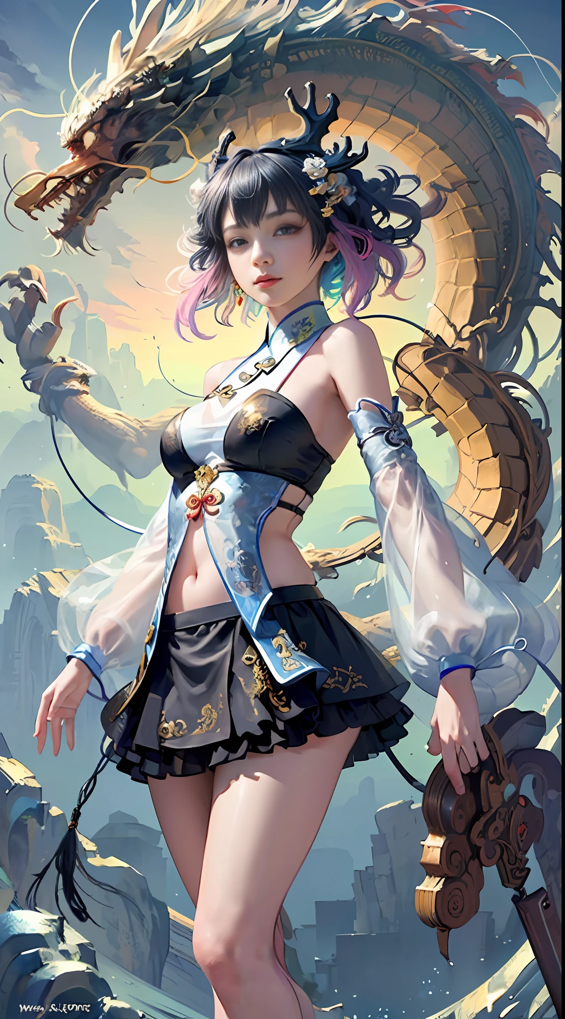 Official Art, Unified 8K Wallpapers, Ultra Detailed, Beautiful and Aesthetic, Masterpiece, Best Quality, (Zentangle, Tangle, Entangle), (fractal art: 1.4), (character center: 1.3), 1girl, black hair, Chinese, off-the-shoulders, short skirt, calf, navel, very detailed, dynamic angle, cowboyshot, (most beautiful form of chaos), ethereal, (bright colors), oc, (half: 1.2), china, (thangka flying sky: 1.5), (ribbon: 1.3), (dream: 1.5), (hanfu: 1.5), Chinese dragon, Chinese phoenix, (smile: 0.5), ( Chinese deities),