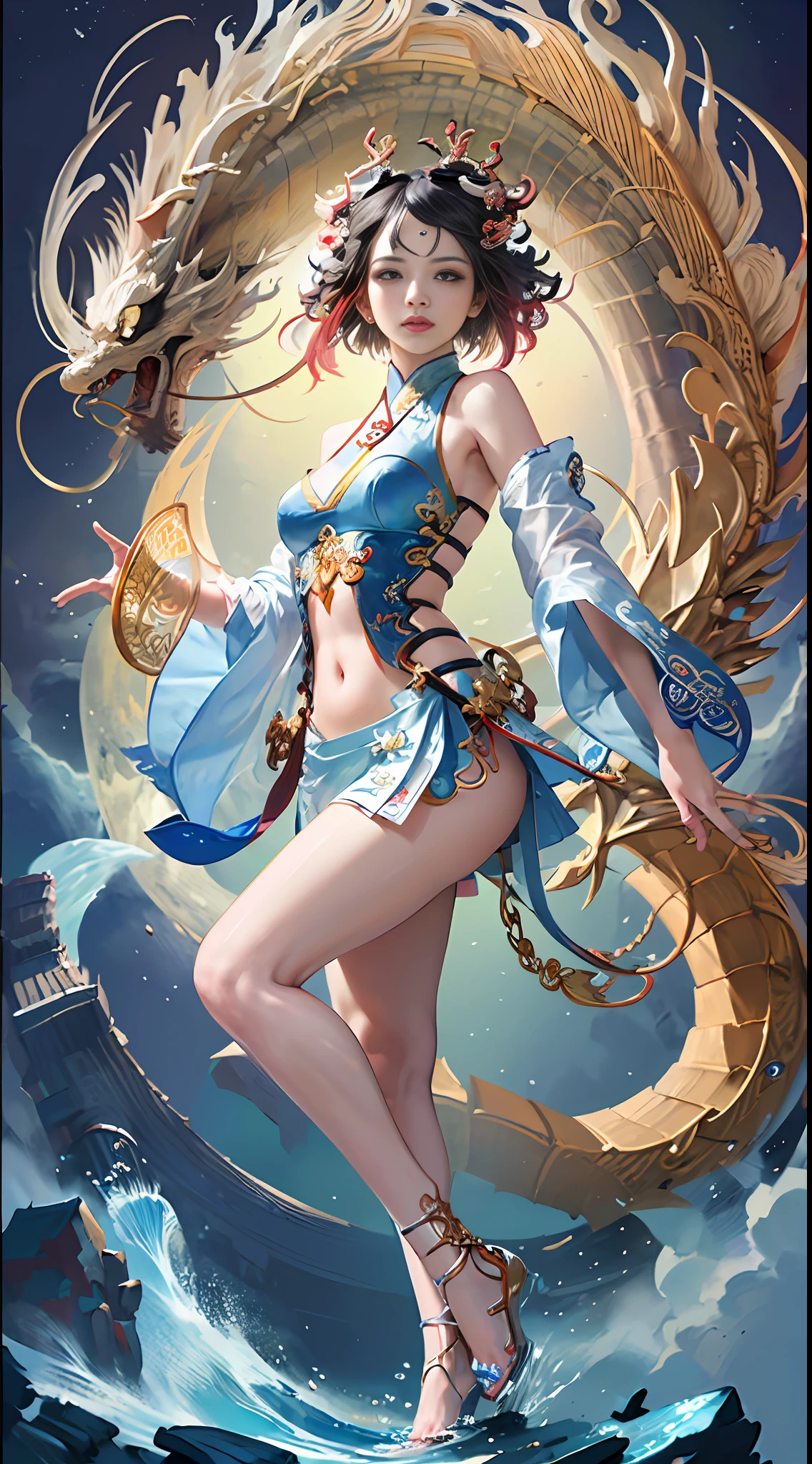 Official Art, Unified 8K Wallpapers, Ultra Detailed, Beautiful and Aesthetic, Masterpiece, Best Quality, (Zentangle, Tangle, Entangle), (fractal art: 1.4), (character center: 1.3), 1girl, black hair, Chinese, off-the-shoulders, short skirt, calf, navel, very detailed, dynamic angle, cowboyshot, (most beautiful form of chaos), ethereal, (bright colors), oc, (half: 1.2), china, (thangka flying sky: 1.5), (ribbon: 1.3), (dream: 1.5), (hanfu: 1.5), Chinese dragon, Chinese phoenix, (smile: 0.5), ( Chinese deities),