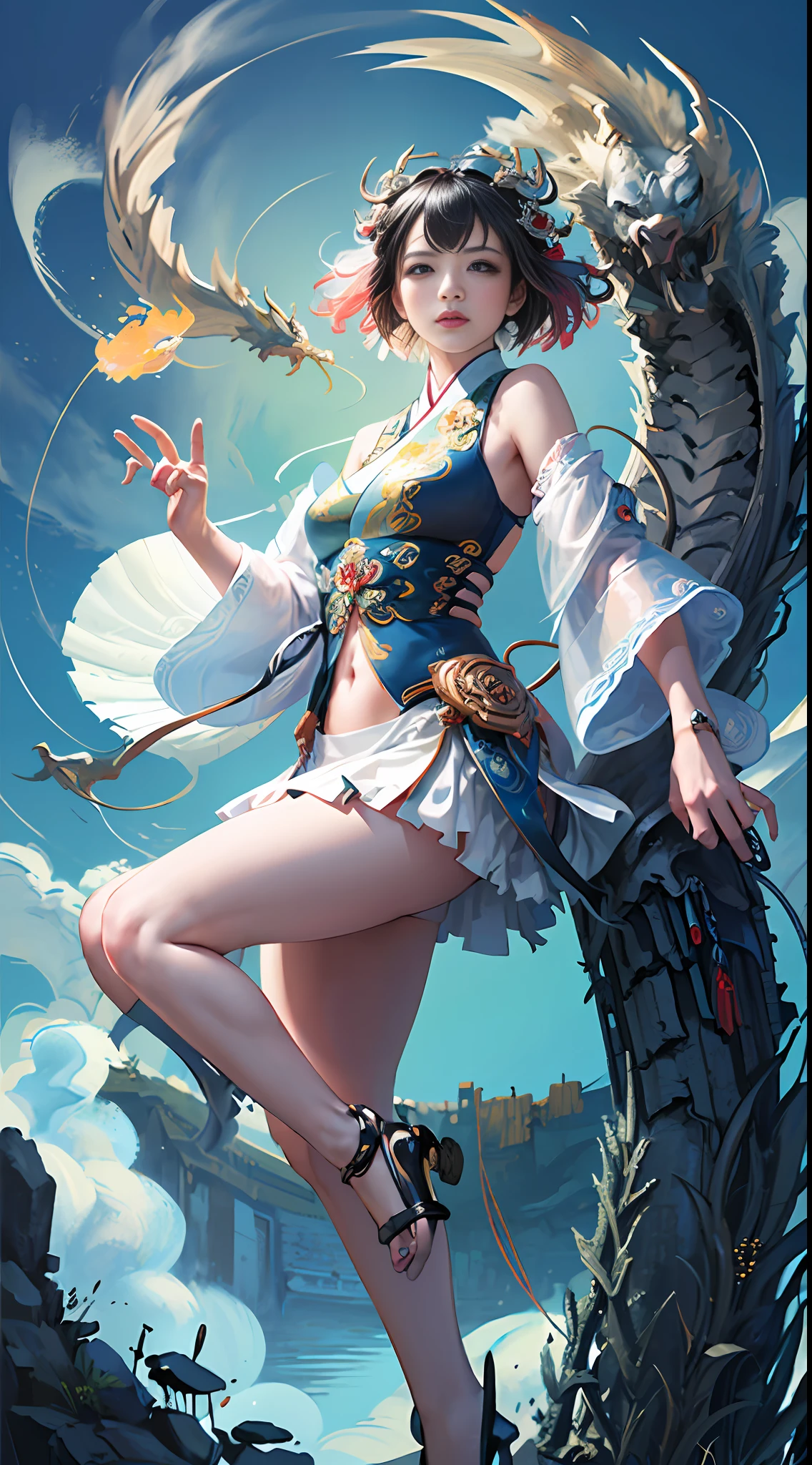 Official Art, Unified 8K Wallpapers, Ultra Detailed, Beautiful and Aesthetic, Masterpiece, Best Quality, (Zentangle, Tangle, Entangle), (fractal art: 1.4), (character center: 1.3), 1girl, black hair, Chinese, off-the-shoulders, short skirt, calf, navel, very detailed, dynamic angle, cowboyshot, (most beautiful form of chaos), ethereal, (bright colors), oc, (half: 1.2), china, (thangka flying sky: 1.5), (ribbon: 1.3), (dream: 1.5), (hanfu: 1.5), Chinese dragon, Chinese phoenix, (smile: 0.5), ( Chinese deities),