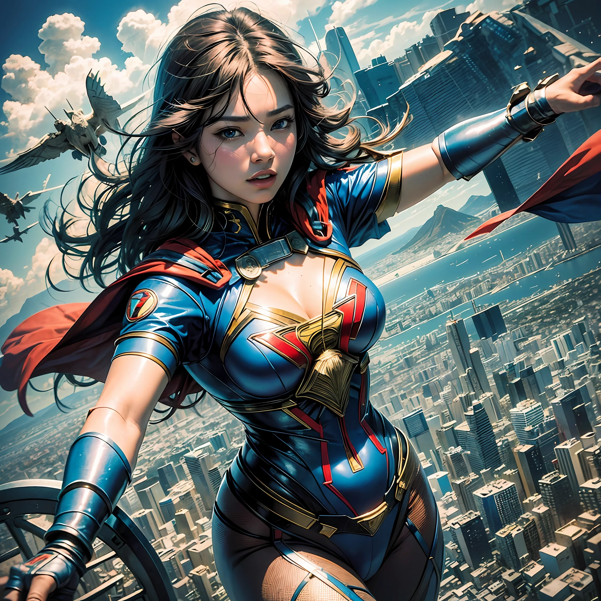 Artwork of Japanese AV actress Mikami Yua, (best quality: 1.3), (masterpiece: 1.3), (realistic: 1.4), (detail: 1.1), (superman: 1.3) soars over the city of Rio de Janeiro, Brazil. The artwork should be extremely detailed and should accurately depict Superman's character, including his signature blue and red suit, cape and insignia. Artwork should be created in high resolution 8K or 4K and should be rendered in 3D to give it a realistic quality. Artwork should also be created in 8D for added depth and dimension. The overall style of the artwork should be photorealistic, with an emphasis on capturing the vibrant colors and energy of Rio de Janeiro. Be sure to include iconic landmarks like the Christ the Redeemer statue and Sugarloaf Mountain. Final work should be of the highest quality and match the level of detail and realism found in professional Adobe Photoshop work. --auto --s2