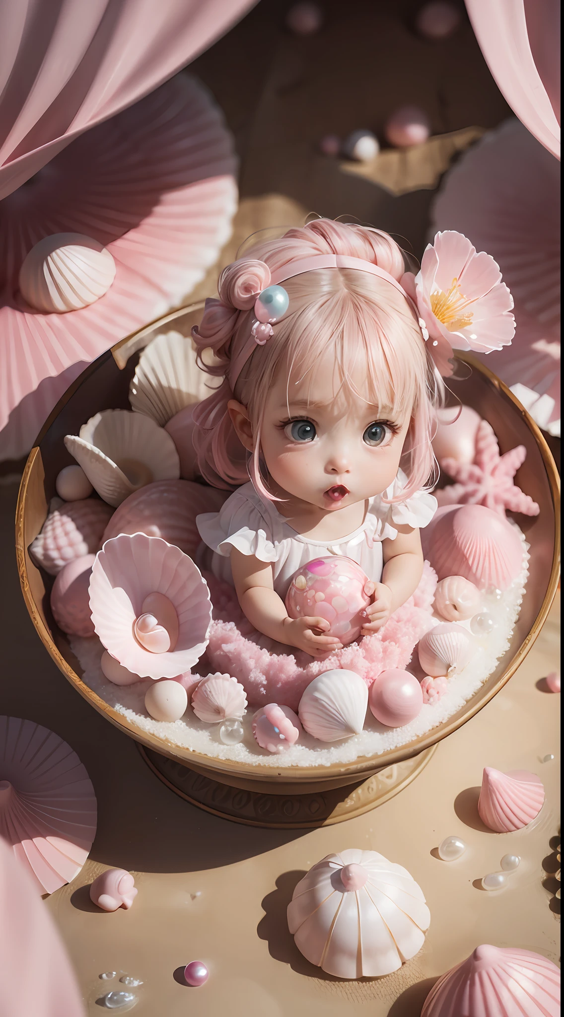 (8k, RAW Photo, Best Quality, Masterpiece: 1.2), (Realistic, Realistic: 1.37) There are many pink shells on the beach, there is water, pearlescent, pearls and shells, soft spills, pearling, pink jellyfish everywhere, soft 3D rendering, ethereal bubbles, bubble landscape, Iray shader, pastel pink, pink reflections, pearl sky, shells, paradise pink, pastel colors, pink pastels, 1 tiny tiny girl in the shells