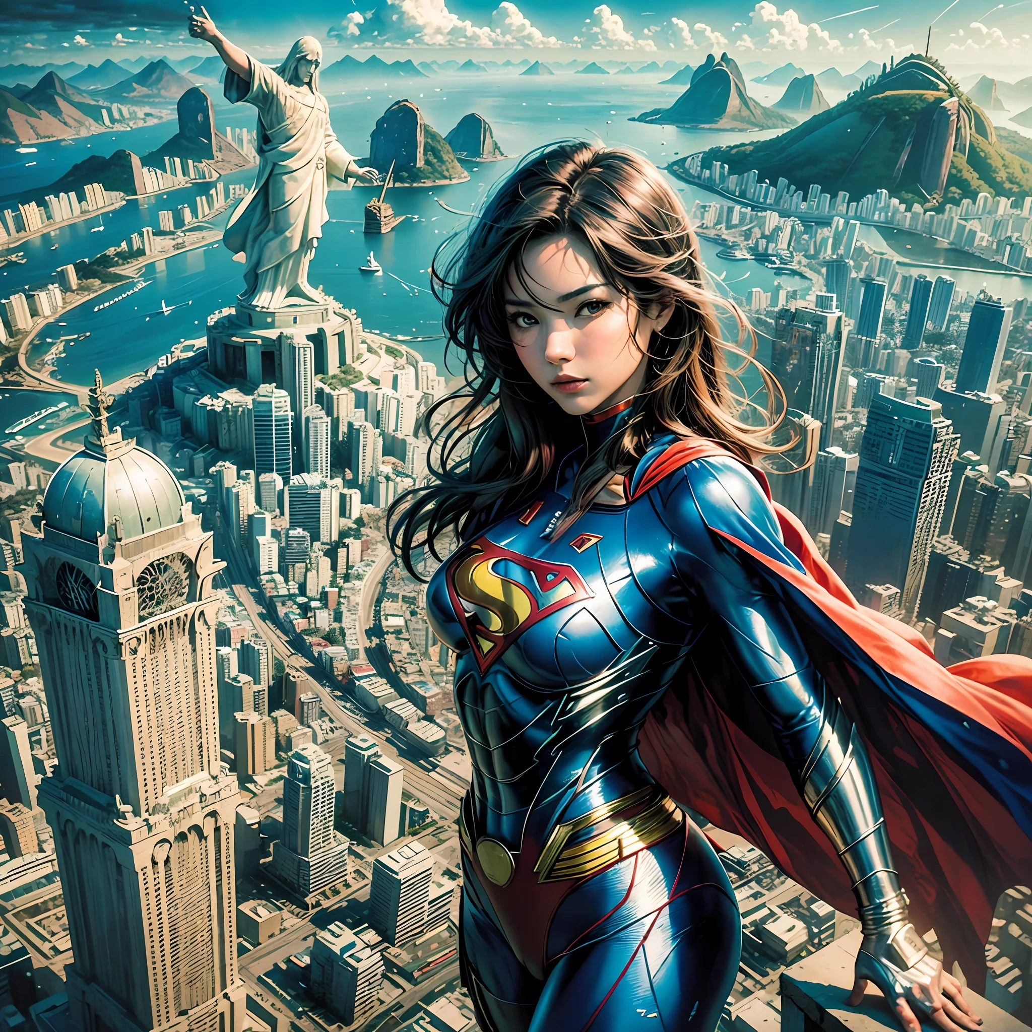 Artwork of Japanese AV actress Mikami Yua, (best quality: 1.3), (masterpiece: 1.3), (realistic: 1.4), (detail: 1.1), (superman: 1.3) soars over the city of Rio de Janeiro, Brazil. The artwork should be extremely detailed and should accurately depict Superman's character, including his signature blue and red suit, cape and insignia. Artwork should be created in high resolution 8K or 4K and should be rendered in 3D to give it a realistic quality. Artwork should also be created in 8D for added depth and dimension. The overall style of the artwork should be photorealistic, with an emphasis on capturing the vibrant colors and energy of Rio de Janeiro. Be sure to include iconic landmarks like the Christ the Redeemer statue and Sugarloaf Mountain. Final work should be of the highest quality and match the level of detail and realism found in professional Adobe Photoshop work. --auto --s2