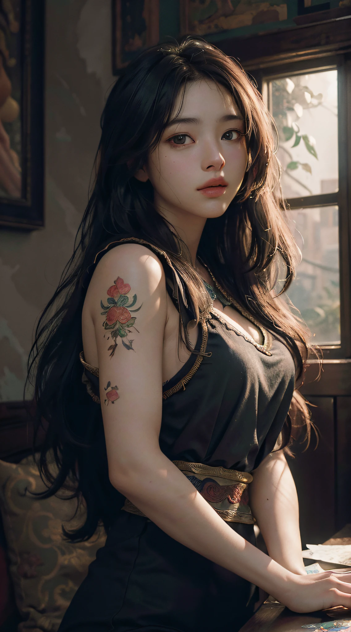 (RAW photo, best quality), (realistic, photo-realistic:1.3),best quality,highly detailed,masterpiece,ultra-detailed,illustration,1girl,upper_body,dynamic angle,world masterpiece theater,messy_long_hair,best quality,extremely detailed CG unity 8k wallpaper,ink,Amazing,cinematic lighting,lens_flare, dunhuang_style