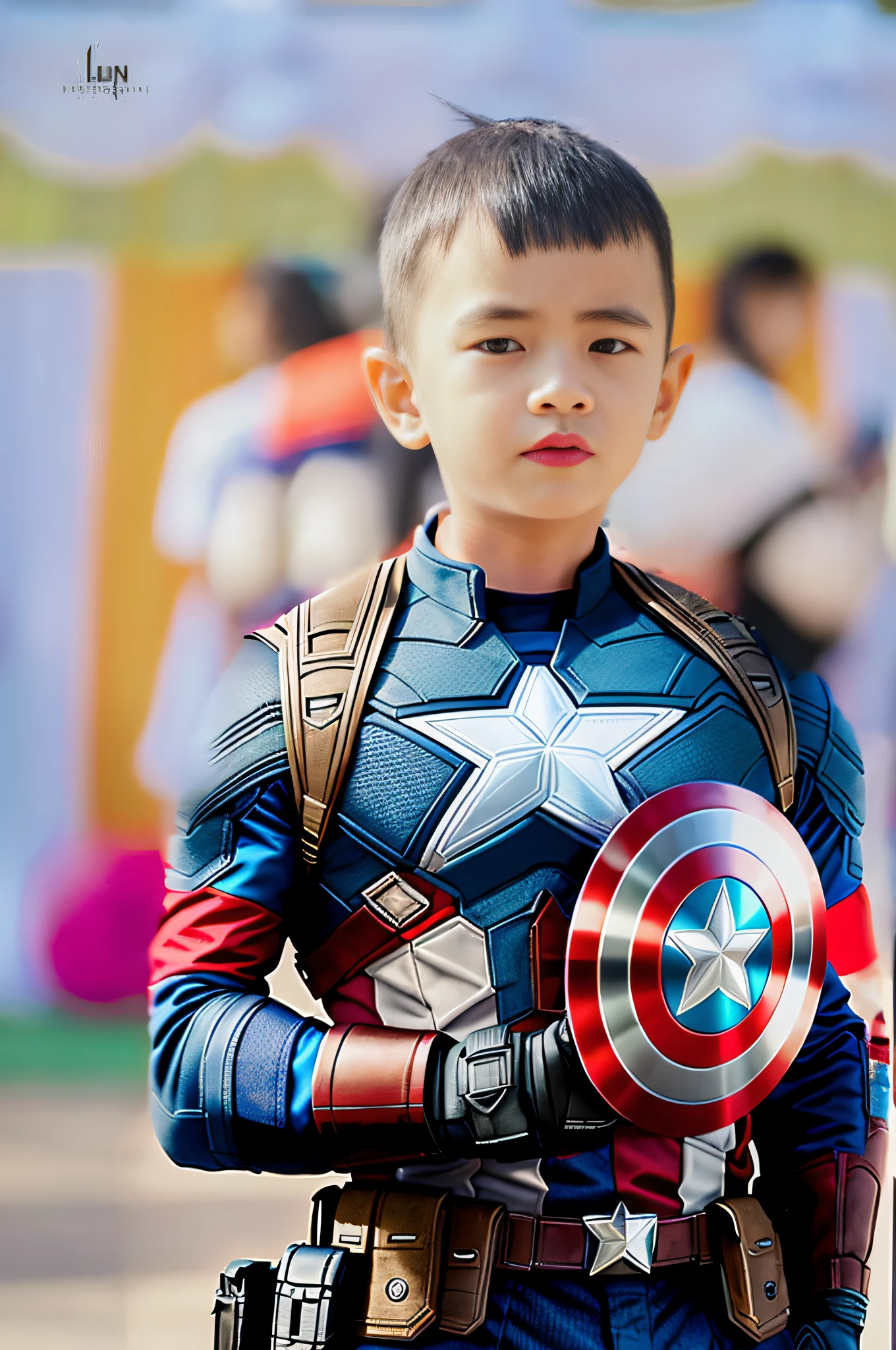 araffe dressed up as captain america with a shield and a belt, avatar aang as captain america, captured on canon eos r 6, marvel superhero, marvel character, shot on canon eos r 5, shot on canon eos r5, wearing hero costume, captain america, portrait of captain america, , boy, marvelous expression, mcu photograph, cosplayer