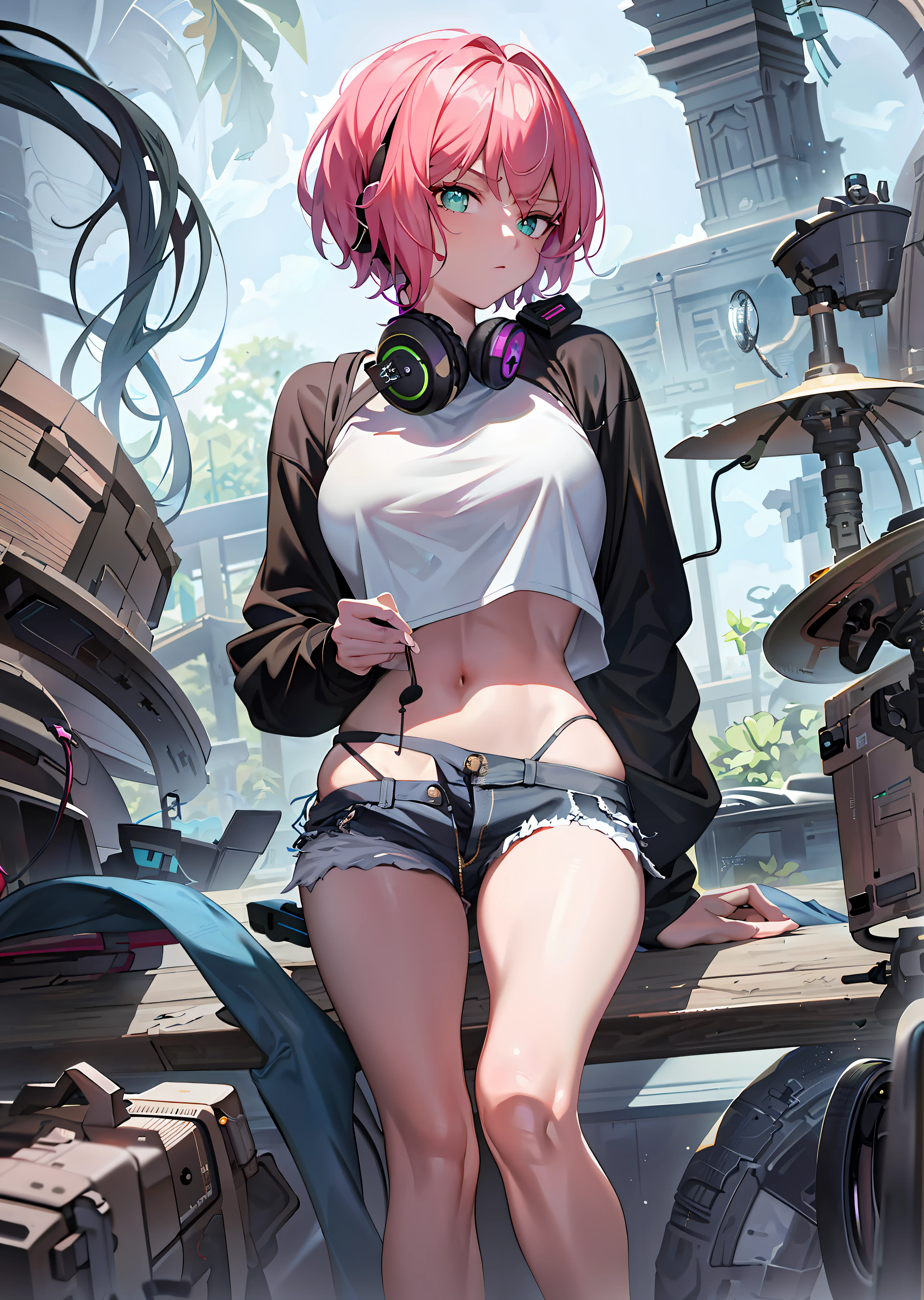 (Best quality, masterpiece 1.2), detailed, 1 girl, alone, looking at the audience,
Simple background, sexy, serious pose, meticulous eyes,
Full body, green eyes, pink hair, blue stream, short hair, bangs
Young woman, wearing ultra-short t-short, headphones hanging around her neck, short ripped jeans,
Bokuman
Improved hands, improved leg details, meticulous headphones