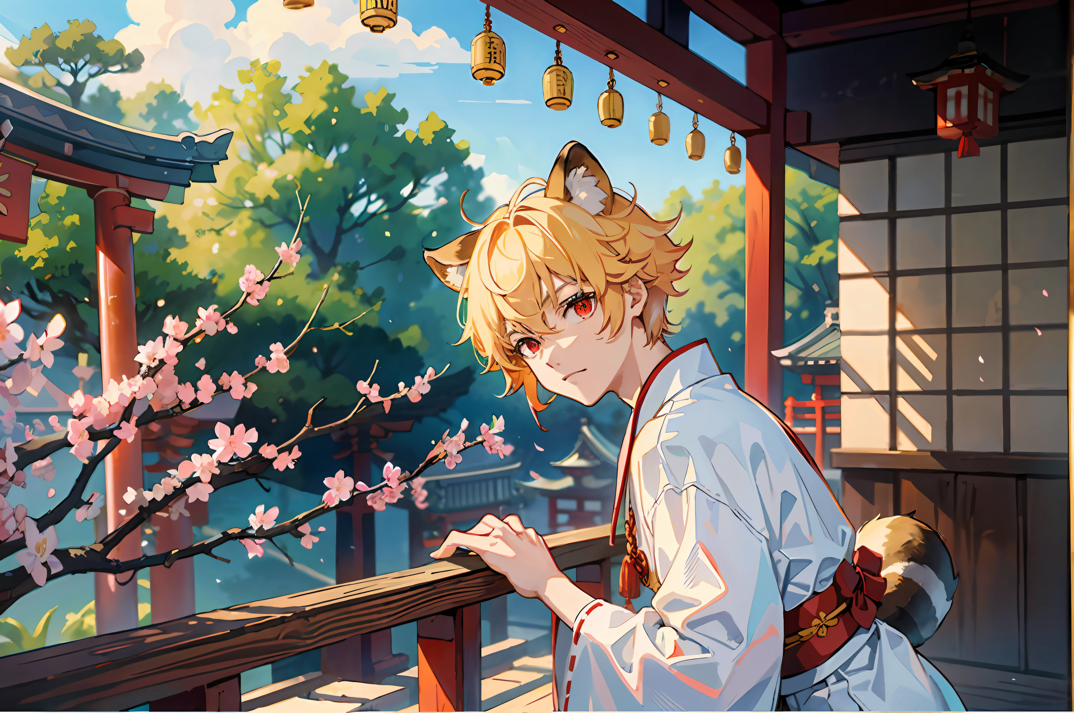 (Representative work: 1.4, highest quality, 8k), (2 boys: 1.6), (blonde spiked hair and red eyes, fox ears and tail: 1.1), (short green hair and big eyes, raccoon ears and tail: 1.2), (Japan Shinto priest, white and blue hakama: 1.3), cherry blossom viewing on the balcony, background is a temple in Kyoto.