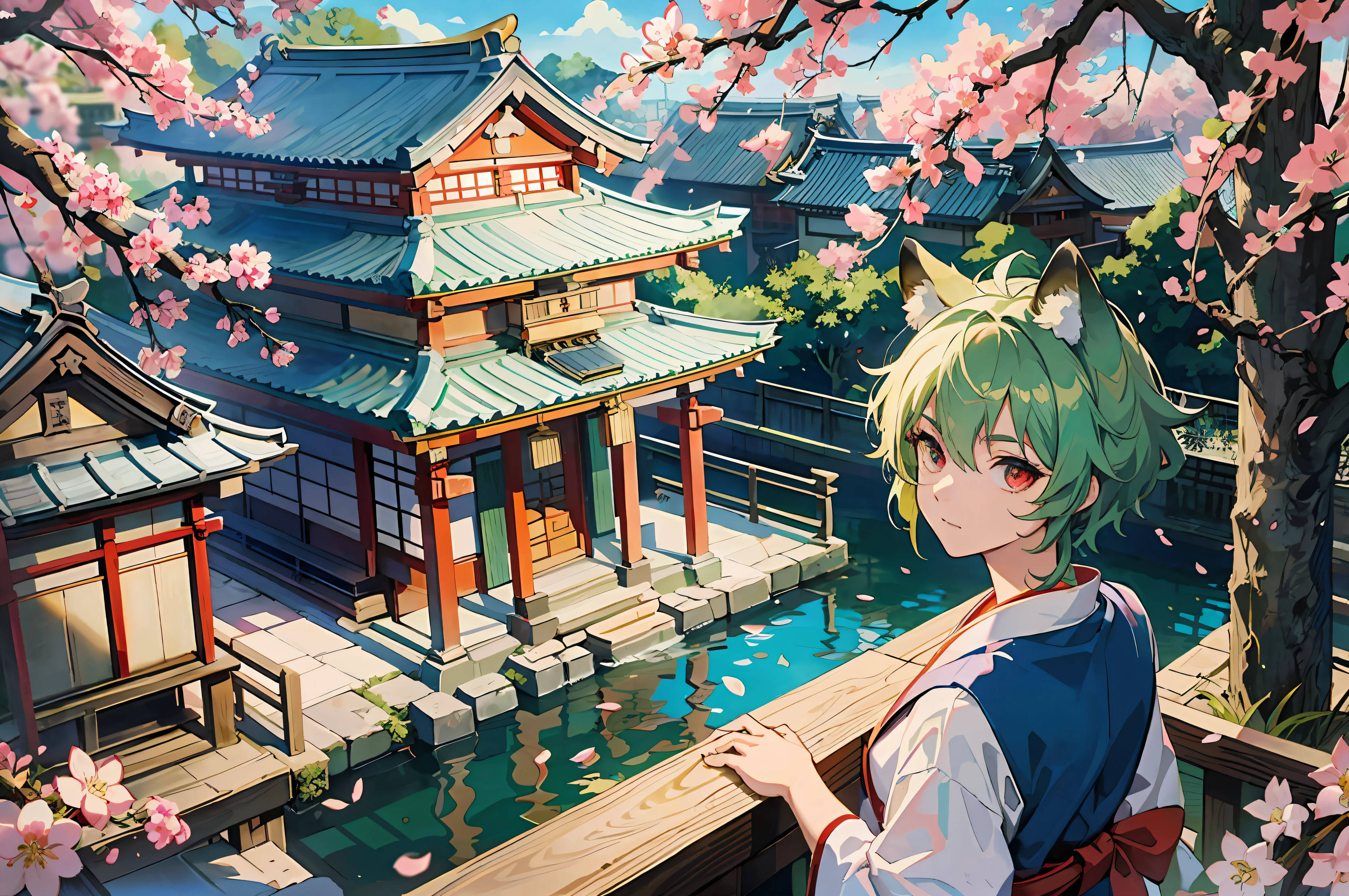 (Representative work: 1.4, highest quality, 8k), (2 boys: 1.6), (blonde spiked hair and red eyes, fox ears and tail: 1.1), (short green hair and big eyes, raccoon ears and tail: 1.2), (Japan Shinto priest, white and blue hakama: 1.3), cherry blossom viewing on the balcony, background is a temple in Kyoto.