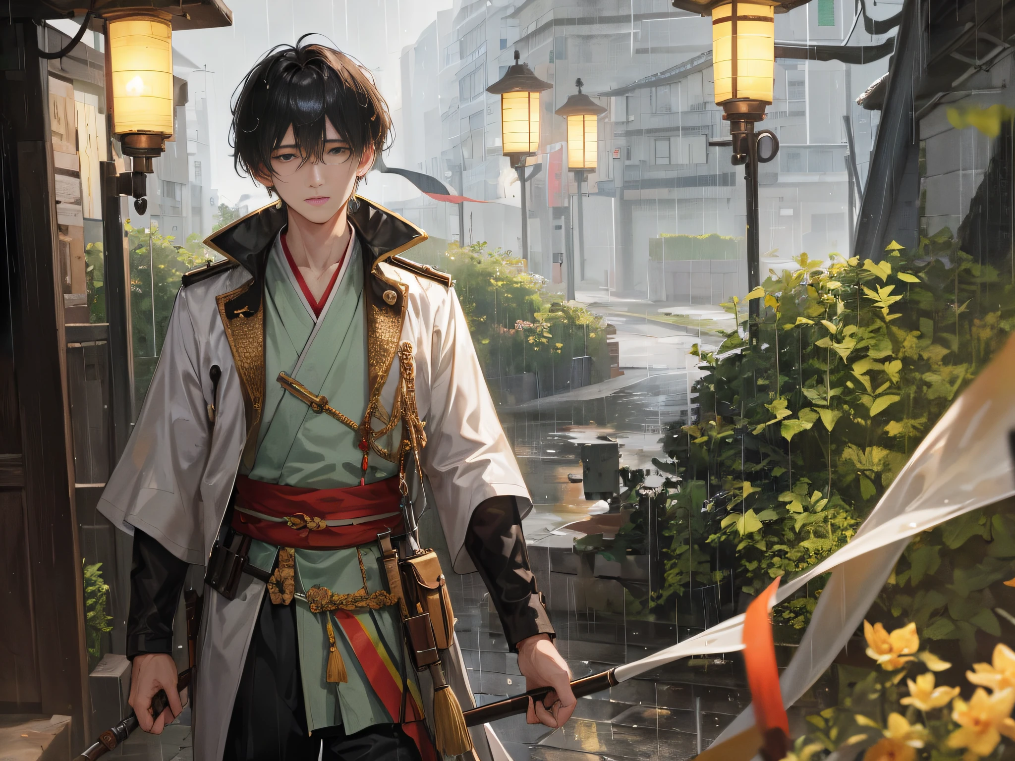 Excellent, Masterpiece, High Resolution, Fine Details, High Resolution, High Resolution, Wallpaper, 1 Man, Ancient Man, Soldier, Wearing Military Uniform, Moist Eyes, Tears Slipping Down, Head Up, Standing in the Rain, By Atey Ghailan, Heavy Rain, Hanfu, Lantern, 16K, HDR, High Resolution, Depth of Field, (Film Grae: 1.1), Bococon, Primetime, (Lens Hare), Vignette, Rainbow, (Grading: 1.5)