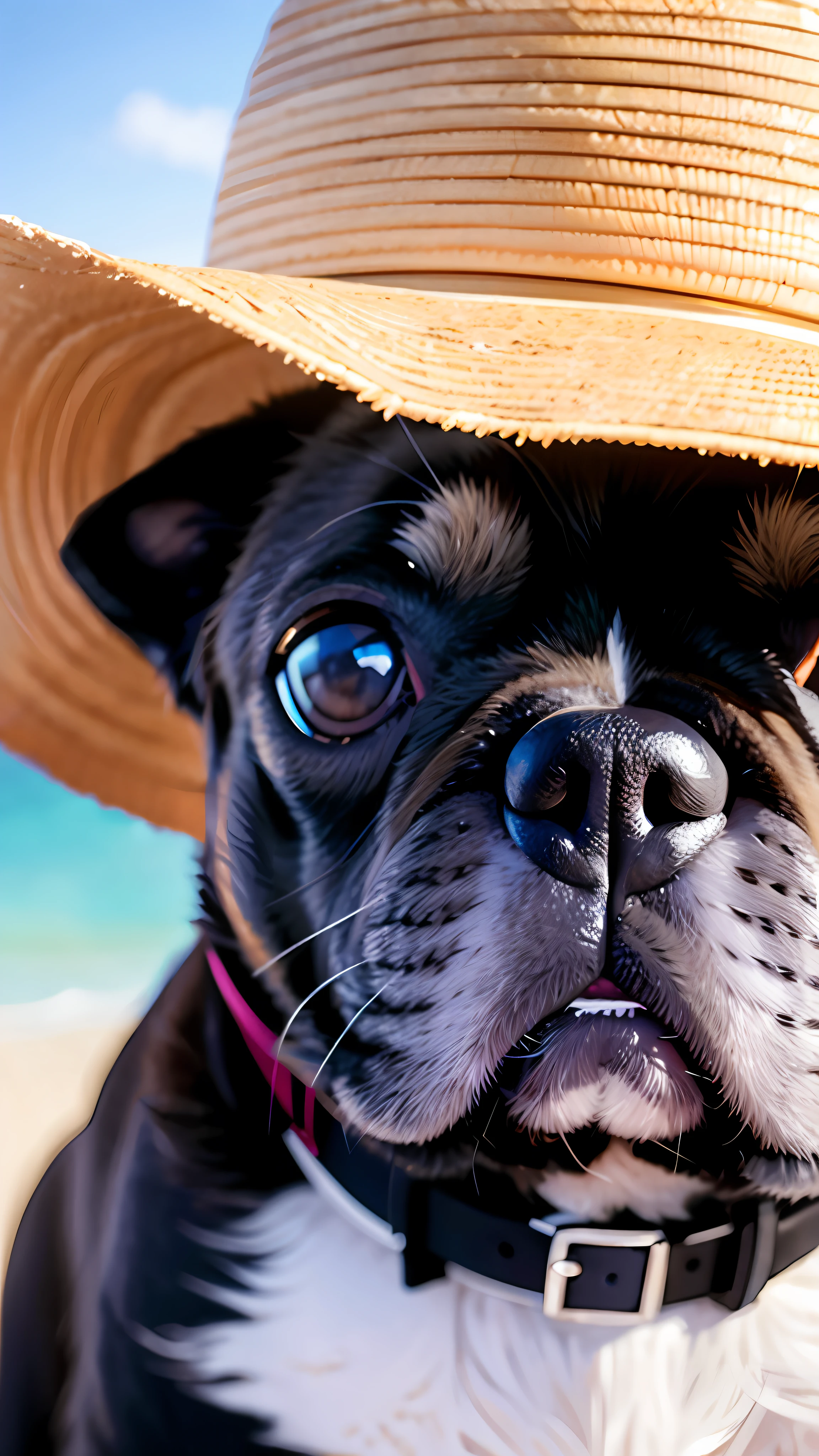 A French Bulldog, Seated, Head Close-up, Straw Hat, Sunglasses, Mismatched Pupils, Laughter, Facing the Camera, Composition of ID Photo, Genuine Fur, High Quality Fur, Detailed Fur Detail, Sea Background, Sky, Clouds, High Quality Background, High Background Detail, Soft Sunlight, Close Up, SLR Camera Photography, Film Graininess, Masterpiece,, Ultra Detail, Best Quality, Film Lighting, Realistic, UHD, Ccurate, Anatomically Correct, High Quality, 8k