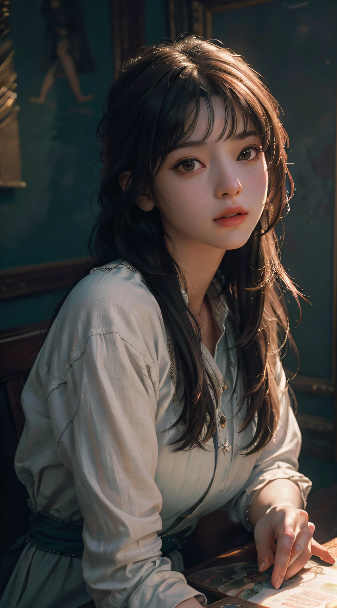 (RAW photo, best quality), (realistic, photo-realistic:1.3),best quality,highly detailed,masterpiece,ultra-detailed,illustration,1girl,upper_body,dynamic angle,world masterpiece theater,messy_long_hair,best quality,extremely detailed CG unity 8k wallpaper,ink,Amazing,cinematic lighting,lens_flare, dunhuang_style