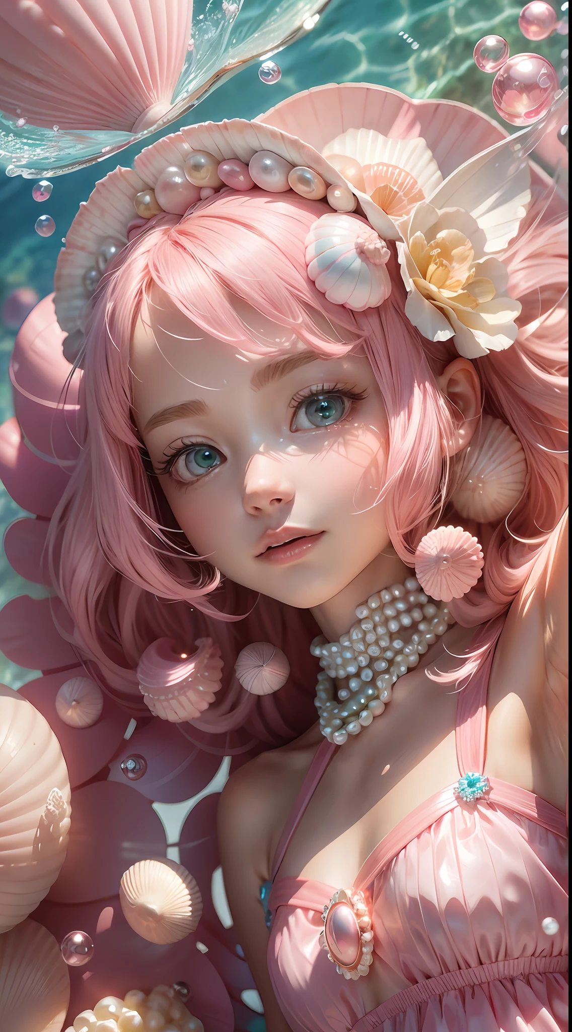 (8k, RAW Photo, Best Quality, Masterpiece: 1.2), (Realistic, Realistic: 1.37) There are many pink shells on the beach, there is water, pearlescent, pearls and shells, soft spills, pearling, pink jellyfish everywhere, soft 3D rendering, ethereal bubbles, bubble landscape, Iray shader, pastel pink, pink reflections, pearl sky, shells, paradise pink, pastel colors, pink pastels, 1 tiny tiny girl in the shells