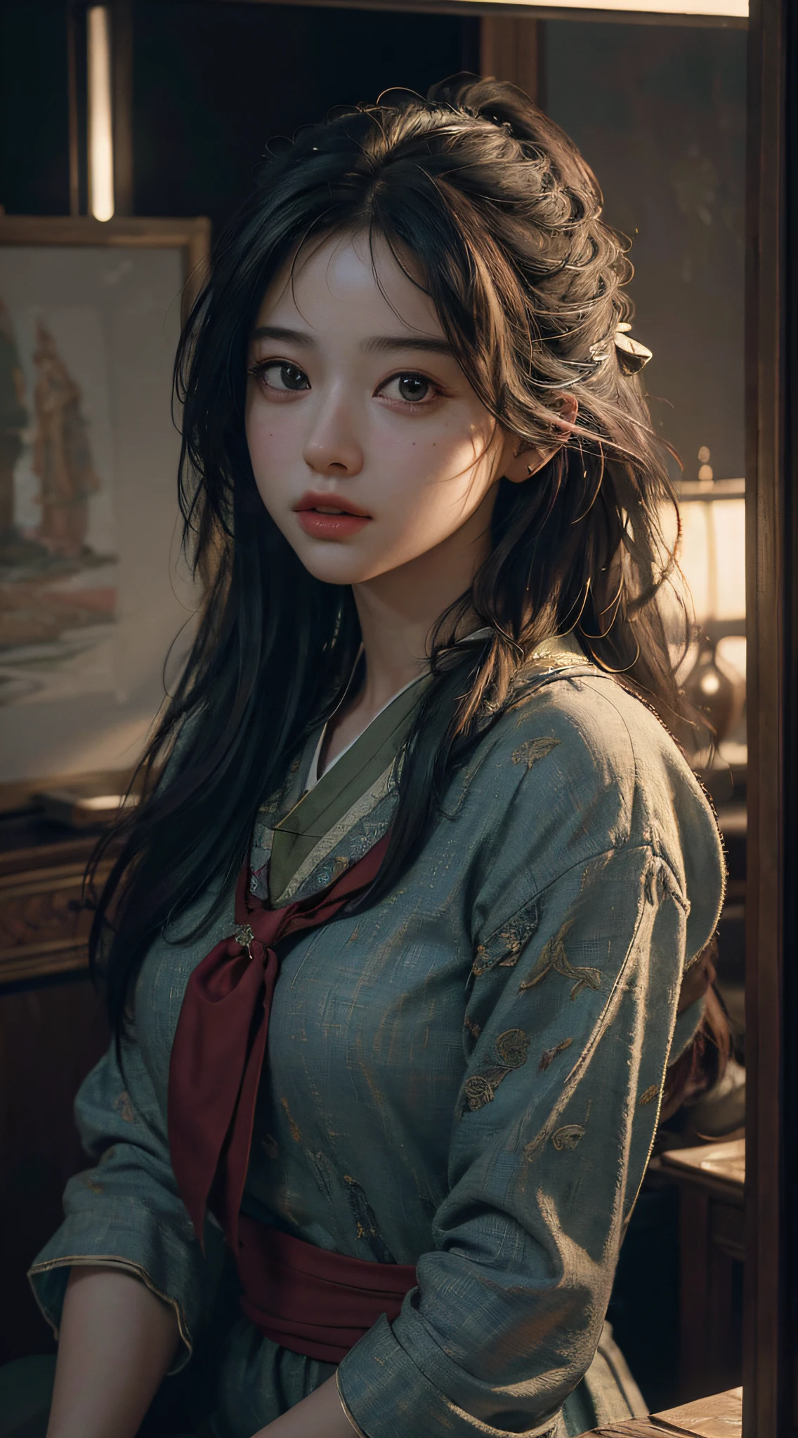(RAW photo, best quality), (realistic, photo-realistic:1.3),best quality,highly detailed,masterpiece,ultra-detailed,illustration,1girl,upper_body,dynamic angle,world masterpiece theater,messy_long_hair,best quality,extremely detailed CG unity 8k wallpaper,ink,Amazing,cinematic lighting,lens_flare, dunhuang_style
