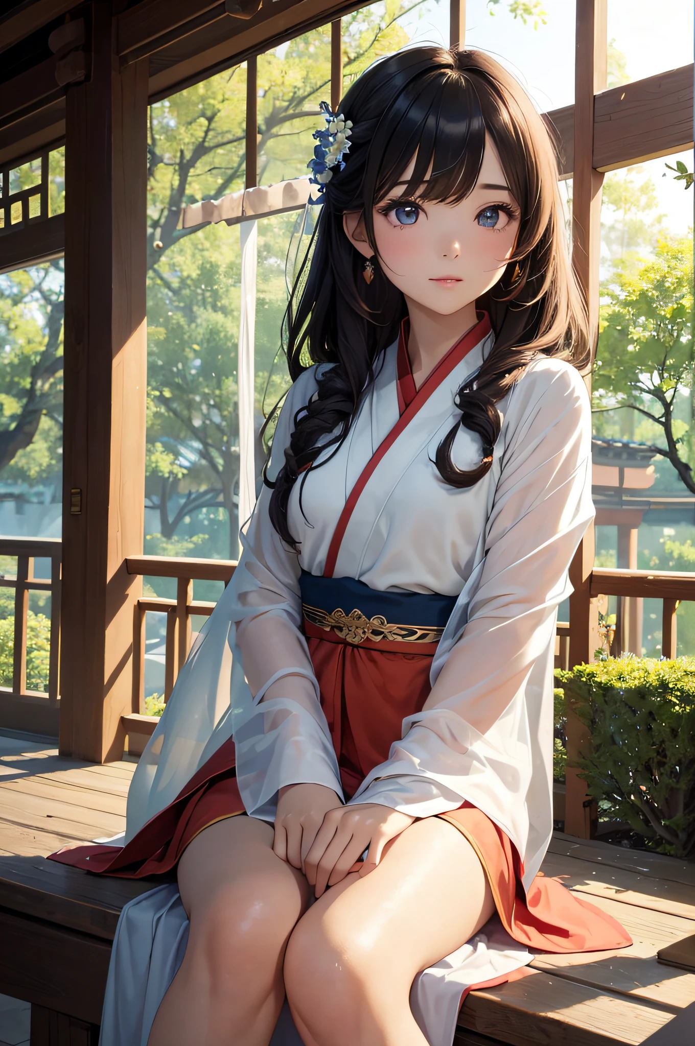 (close-up of painting style, ultra-high-definition 8K, masterpiece-level CG wallpaper), cinematic lighting, (8K close-up) cute girl, whole body, exquisite and beautiful face, dreamy eyes, wearing a long shirt, tunic, shawl, chest po skirt, upper body, Tang costume, Hanfu, Tang style, long legs, sitting, background cloudy, trees, flowers, summer, Chinese architecture.