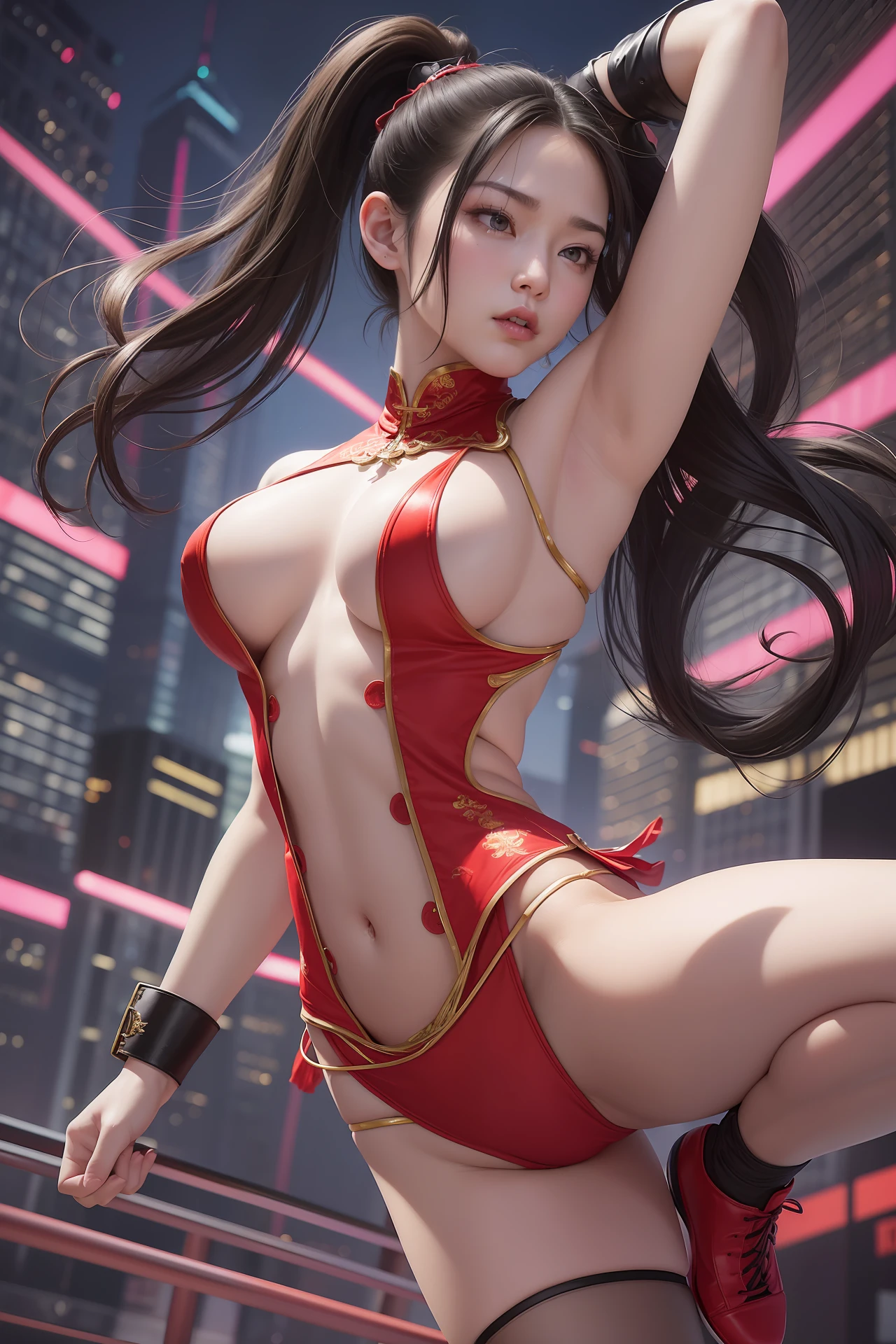 The image depicts Chun-Li in a red sheer fabric Cheongsam with gold detailed embroidery accents and short skirt that allows freedom of movement for its powerful kicks. She also wears white socks and boots, further enhancing her sleek appearance. (((erect nipple))), ((areolas)), (Korean(kpop idol)), ((puffy eyes)), powerful Street Fighter fighters, in a dynamic and intense confrontation. fighters are immersed in a dynamic pose. displaying her agility and dexterity. She swings her leg back, bracing herself for a precise kick. Her long black hair floats in the wind, giving her an imposing appearance. The image is set in a nighttime urban setting, with neon-lit streets and tall buildings in the background. The bright lights cast dramatic shadows over the fighters, highlighting their tense muscles and determined expressions. Sparks and motion effects add a touch of dynamism to the scene, capturing the energy of confrontation. (nsfw:1.125)