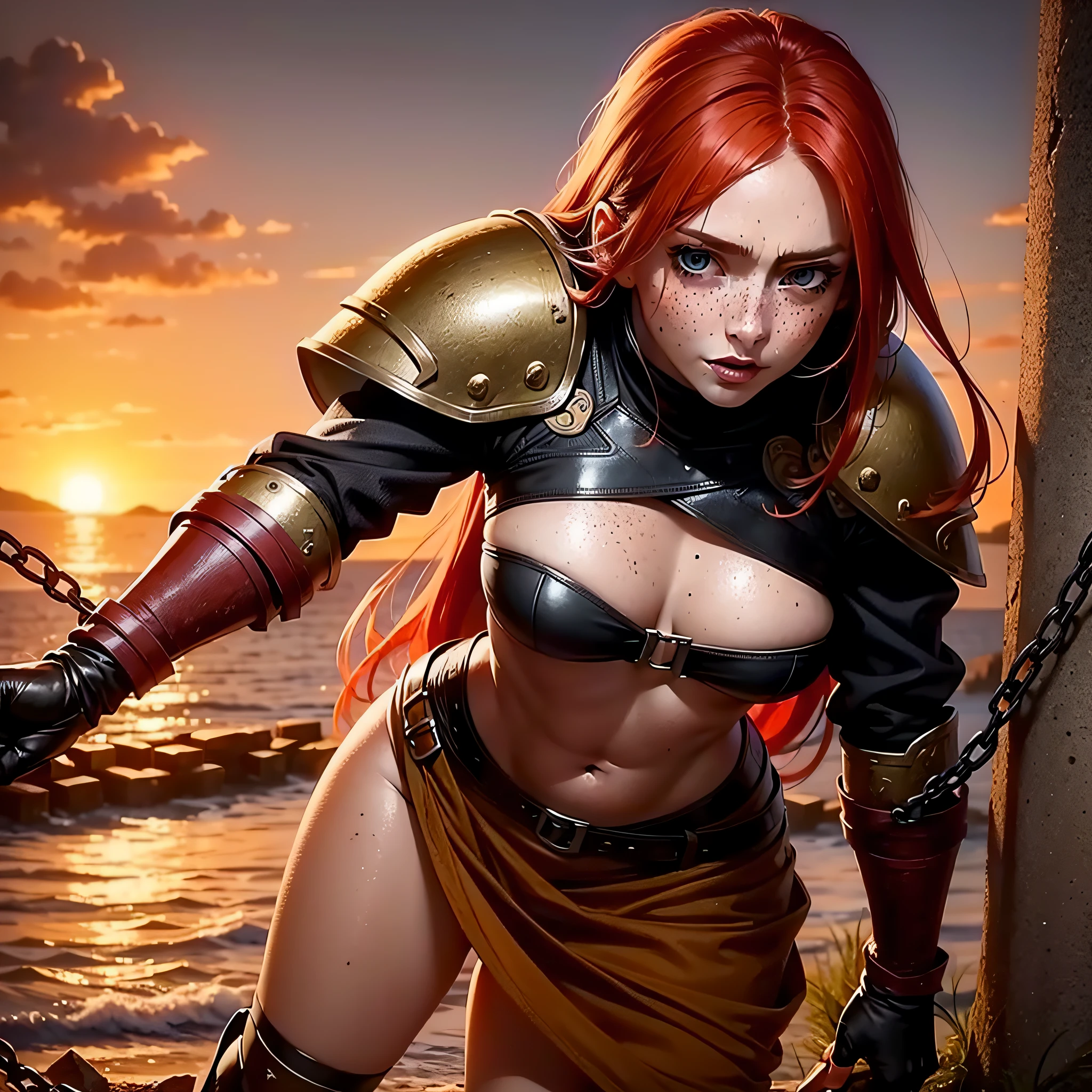 (masterpiece:1.2), (best quality:1.2), 1girl, 1guy, a muscular red haired woman with green eyes and freckles is taken prisoner and dragged in chains, eyeliner, bloody lip, broken armor, stumbling, defeated, afraid but secretly happy, medieval, sunset