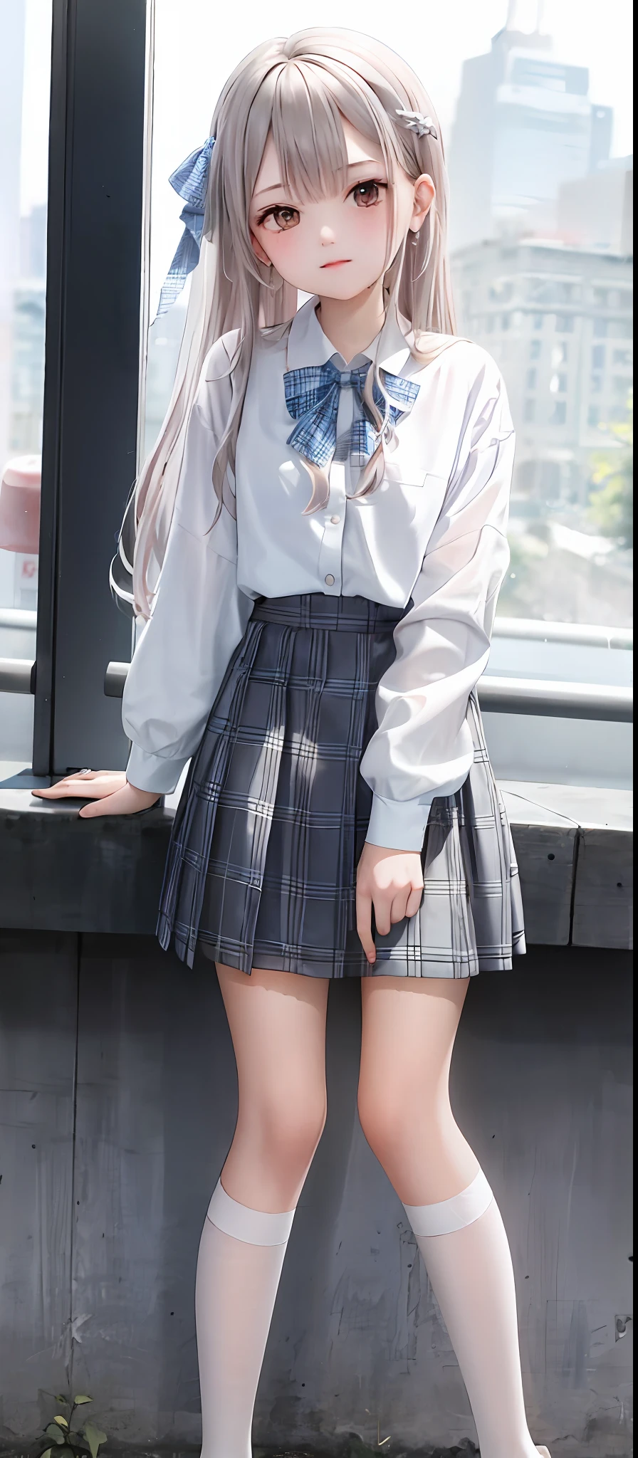 1girl, (masterpiece:1.1), (best quality:1.1), (white blouse:1.1), (plaid skirt:1.1), school uniform, high-waisted skirt, BREAK [blue:pink:0.5] theme, (Urban Background: 1.1), denim lens, BREAK silver, long hair, red eyes, delicate headdress, sideways, white stockings