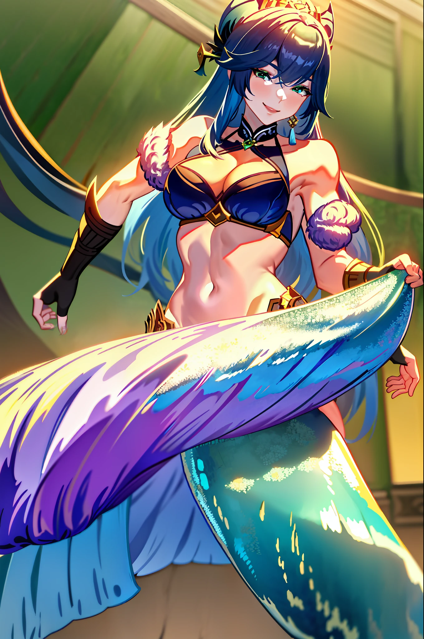 masterpiece, best quality, mermaid tail, solo, long hair, breasts, looking at the viewer, smile, bangs, large breasts, long blue hair, hair ornament, green eyes, gloves, dress, neckline, jewelry, medium breasts, mischievous smile, thighs, fingerless gloves, mermaid, fin, scales, gills, Yelan (genshin impact),