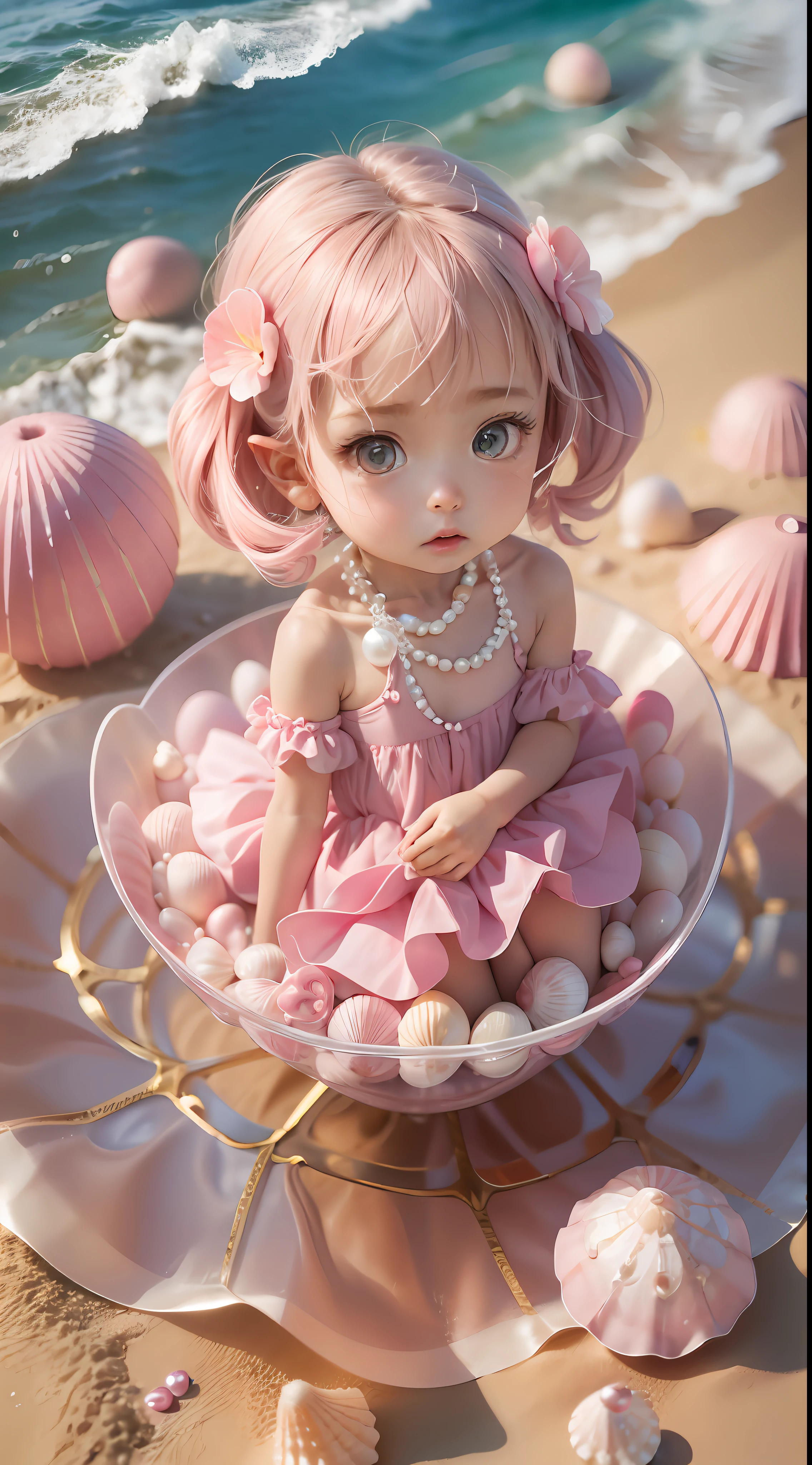 (8k, RAW Photo, Best Quality, Masterpiece: 1.2), (Realistic, Realistic: 1.37) There are many pink shells on the beach, there is water, pearlescent, pearls and shells, soft spills, pearling, pink jellyfish everywhere, soft 3D rendering, ethereal bubbles, bubble landscape, Iray shader, pastel pink, pink reflections, pearl sky, shells, paradise pink, pastel colors, pink pastels, 1 tiny tiny girl in the shells