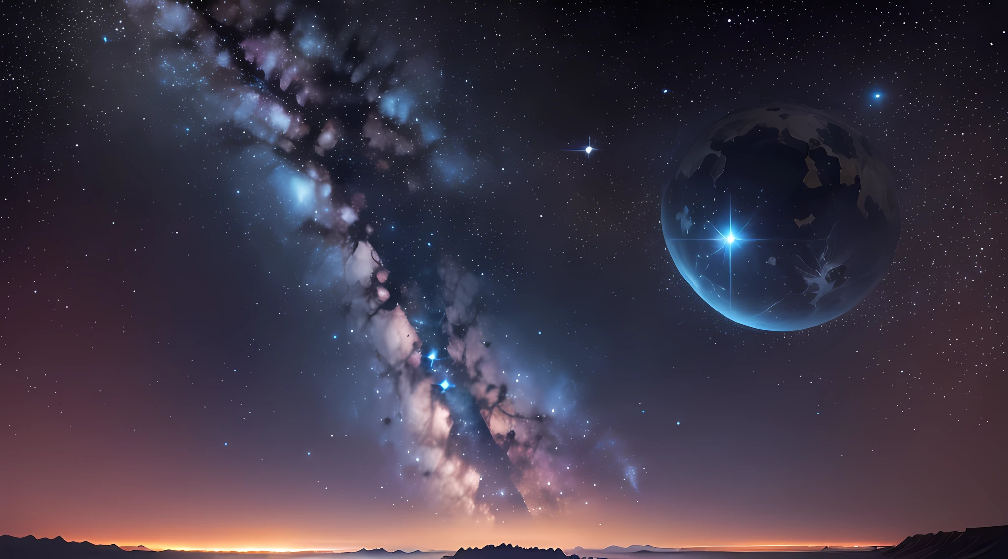 A breathtaking view of the universe, with a vast expanse of stars and planets in the endless night sky. The center of the universe is dominated by a massive celestial body, surrounded by shimmering starlight and cosmic dust. High-resolution image capturing the beauty and grandeur of the universe, captivating and awe-inspiring. Spectacular cosmic scenery, magnificent, mesmerizing, awe-inspiring, celestial wonders, infinite beauty, cosmic exploration, high-definition photograph, stunning space photography, breathtaking cosmic panorama.
