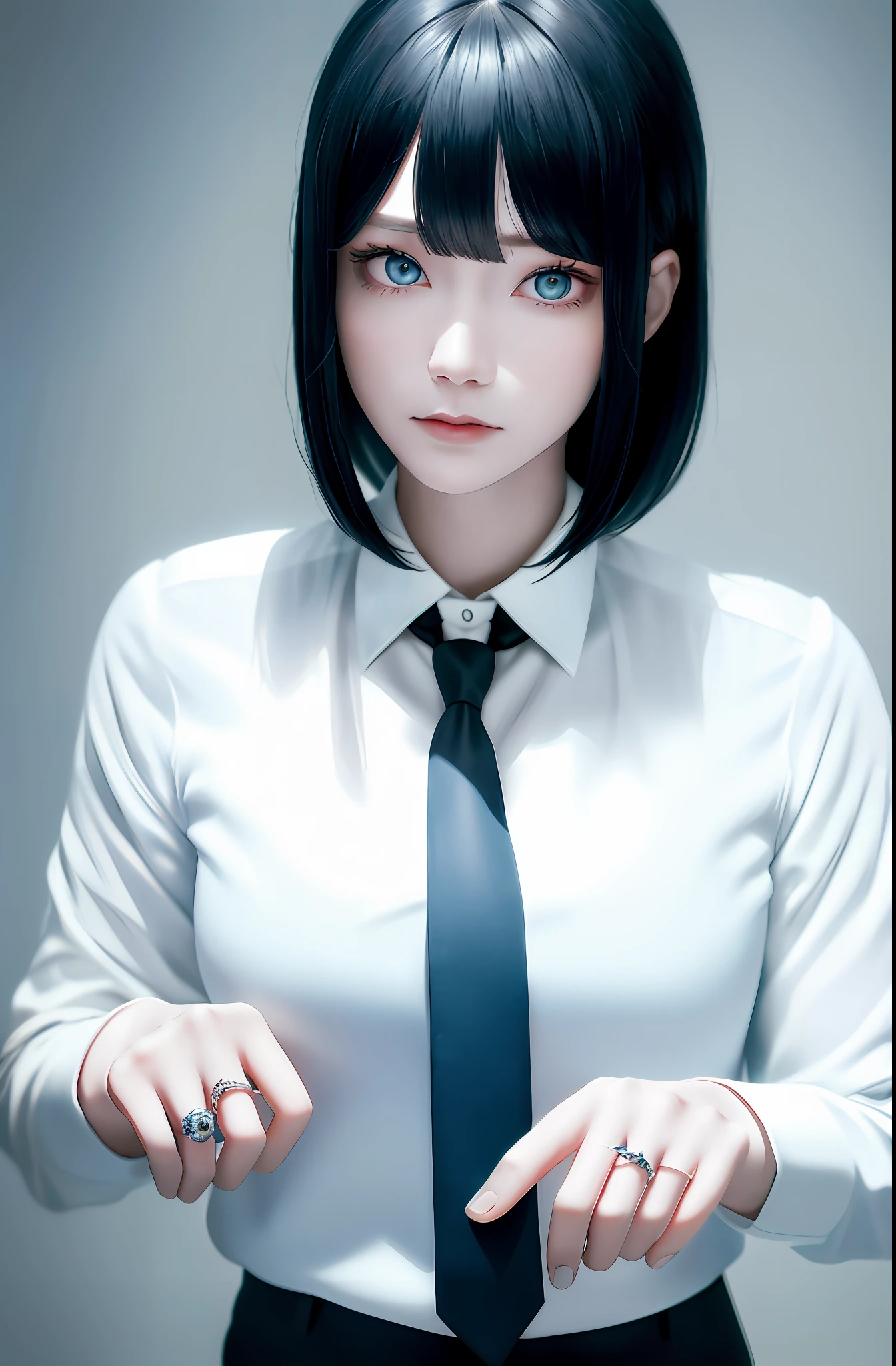 Masterpiece, (Photorealistic: 1.4), Top Quality, Beautiful Lighting, (ulzzang-6500:0.5), Makima \(Chainsaw Man\), (Bob Hair) + (Black Hair) + (Bangs), Blue Eyes, Blue Eyes, (((Ring-shaped Eyes)), (White Shirt), (Tie), RAW Photography, 8k UHD, Film Grain