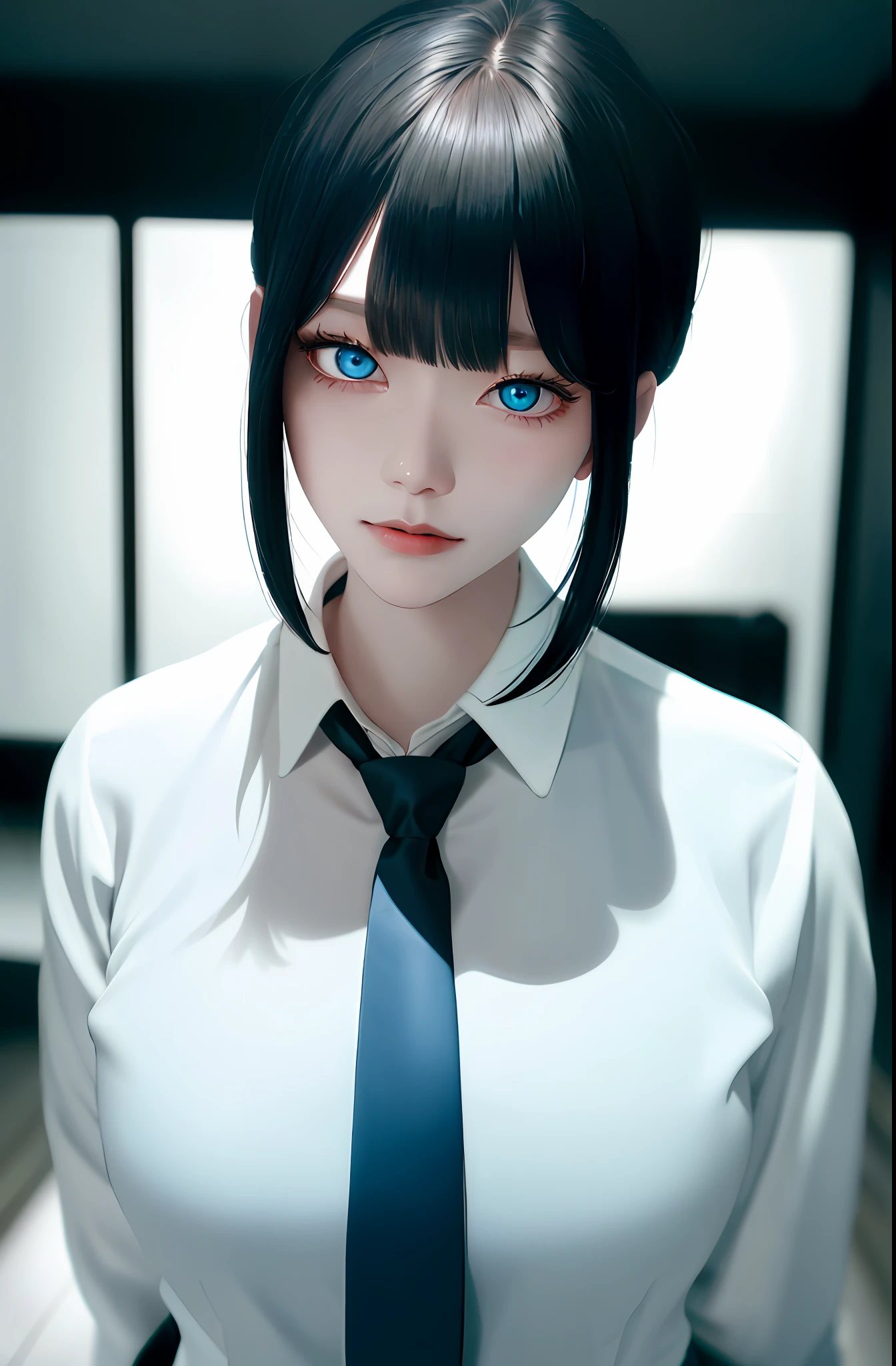 Masterpiece, (Photorealistic: 1.4), Top Quality, Beautiful Lighting, (ulzzang-6500:0.5), Makima \(Chainsaw Man\), (Bob Hair) + (Black Hair) + (Bangs), Blue Eyes, Blue Eyes, (((Ring-shaped Eyes)), (White Shirt), (Tie), RAW Photography, 8k UHD, Film Grain