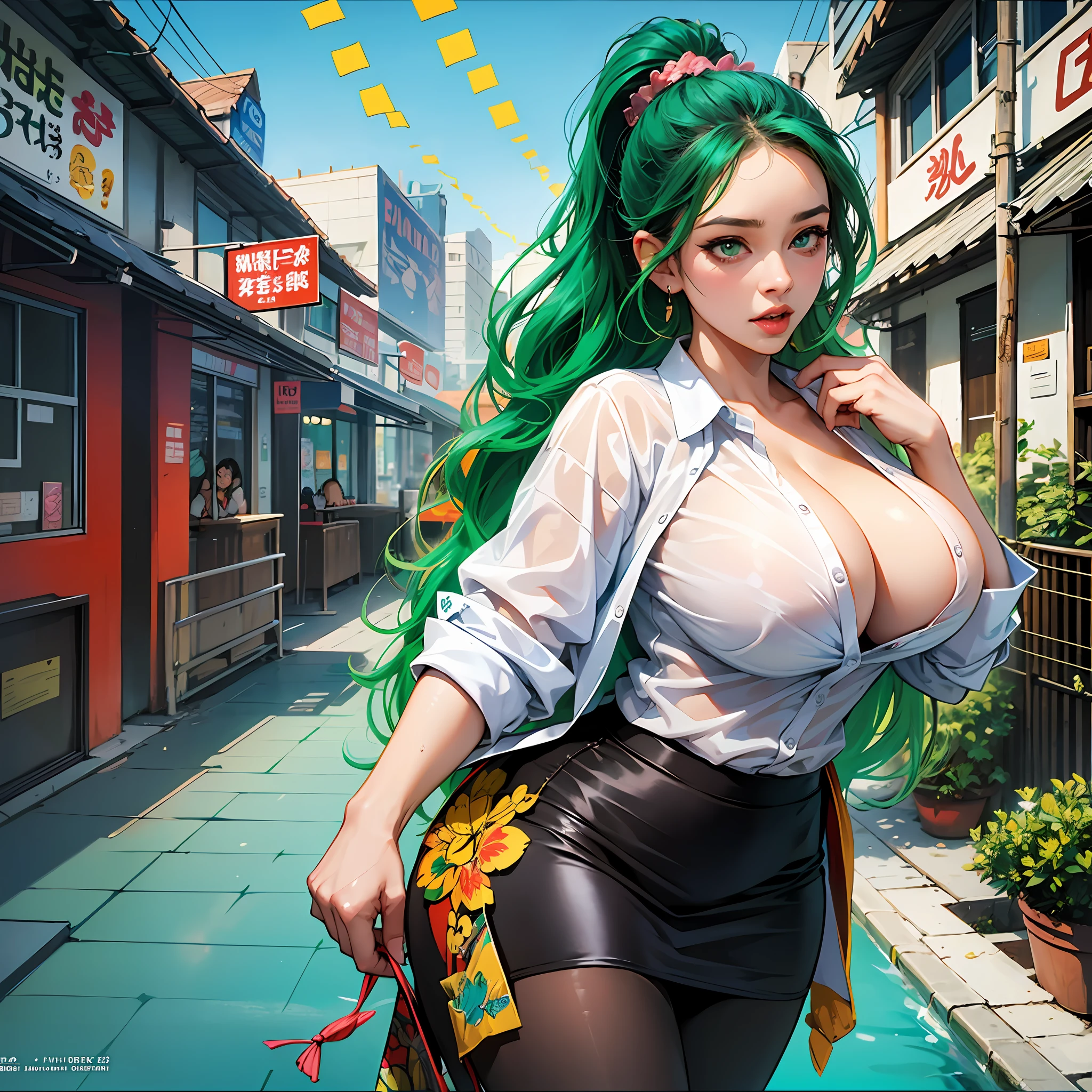 a very busty hot indian women arguing with the staff members,bold,wet body,pov,milk cow,hd details,perfect face,perfect eyes,((huge breast))((large breast)) pinup model,,nanakusa hazuki, green hair, green eyes, folded ponytail, office lady, cardigan, shirt, long sleeves, pencil skirt, pantyhose,Comic Art Style --auto --s2