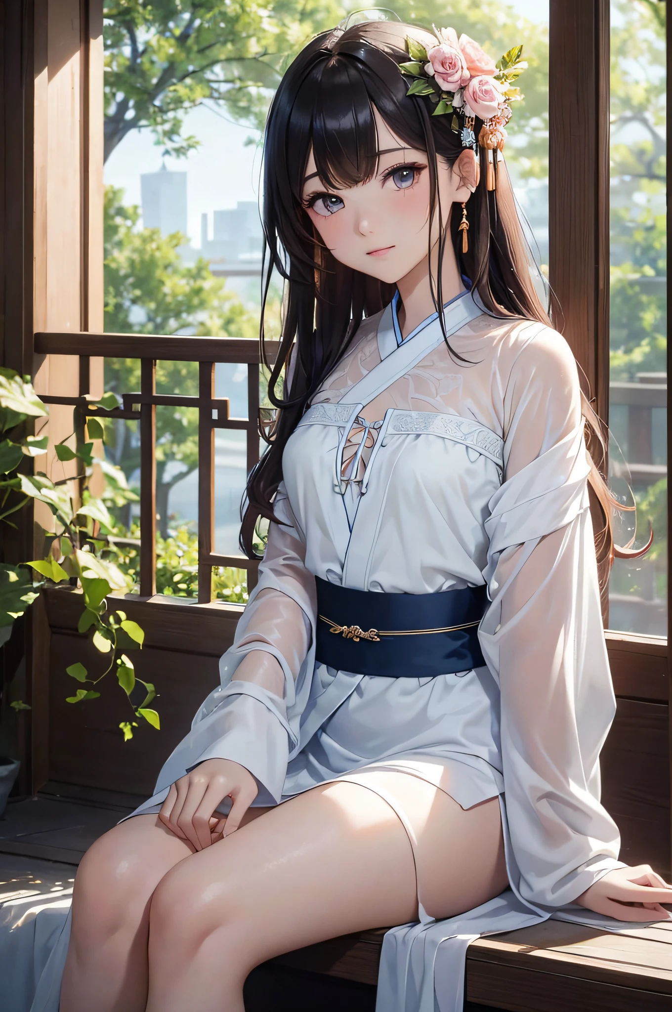 (close-up of painting style, ultra-high-definition 8K, masterpiece-level CG wallpaper), cinematic lighting, (8K close-up) cute girl, delicate and beautiful face, dreamy eyes, wearing a long shirt, tunic, shawl, chest poem, upper body, Tang costume, Hanfu, Tang style, bare legs, long legs, sitting, background cloudy, trees, flowers, summer, Chinese architecture.