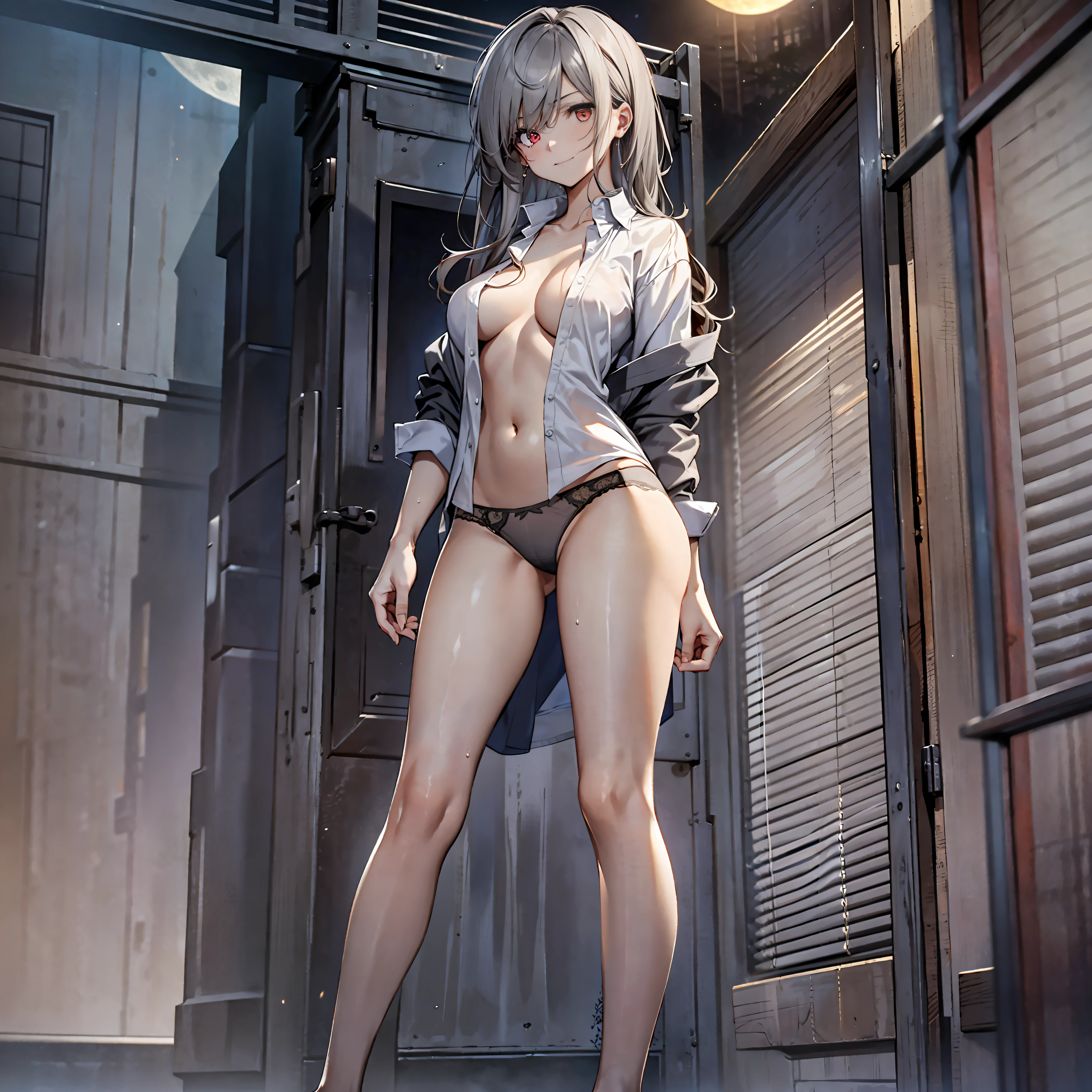 Ultra High Resolution, Masterpiece, (Lori: 1.5), (Gray hair: 1.5), Detailed details, Red eyes, (Small breasts: 1.5), Full body view, Navel, Background blur, Ray tracing, Eyes looking at camera, Happy expression, Bareleg, Barefoot, (Panties only: 1.5), Standing, (Big White Shirt: 1.2), (Shirt unbuttoning: 1.2), (Without bra: 1.3), (Black panties: 1.2), Sheer clothes, slim figure, slender legs, sweat, (suburbs: 1.5), (night: 1.5), (Full moon: 1.2), (Riverside: 1.5), (Firefly: 1.4), moonlight,