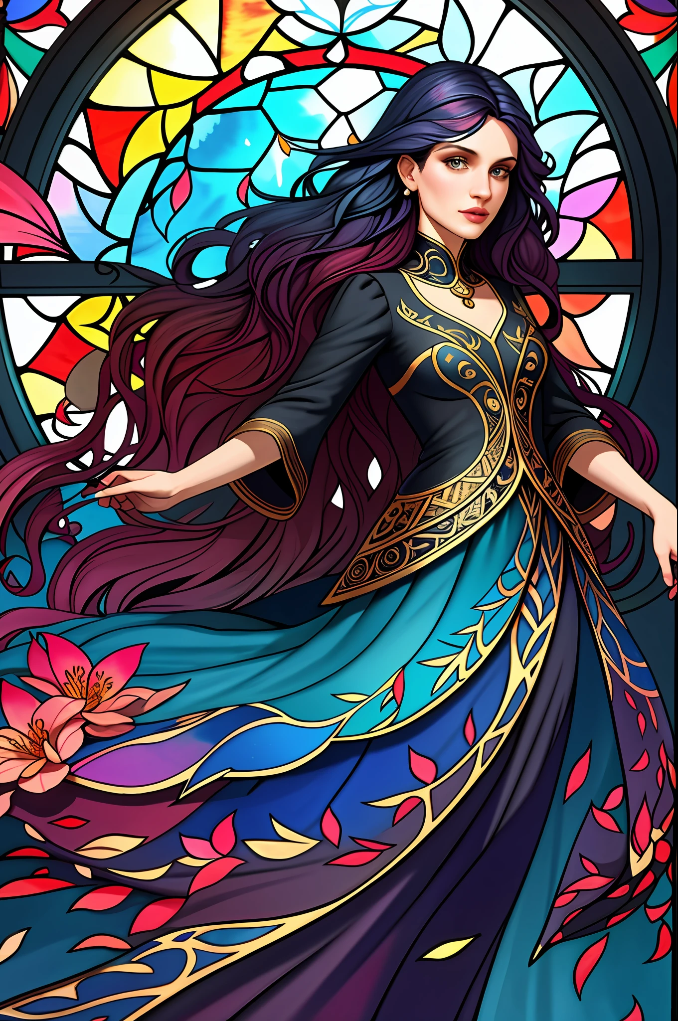 Close-up, Tide Play, Luxray, Split Color Hair, Wind, Flying Petals, Stained Glass, Ornamental, Intricate Details, Dufkova, 2D, Lineart, Watercolor, Ink, Hair Random Color, Super Long Hair, Wavy, 1girl, Alraune, Flower, Alraune, Detailed, Intricate, Perfect Lighting, Perfect Shading, (Flat Color: 1), (2D: 1), (Award-Winning Masterpiece, Best Quality: 1.25), (Mature Adult: 1.3)