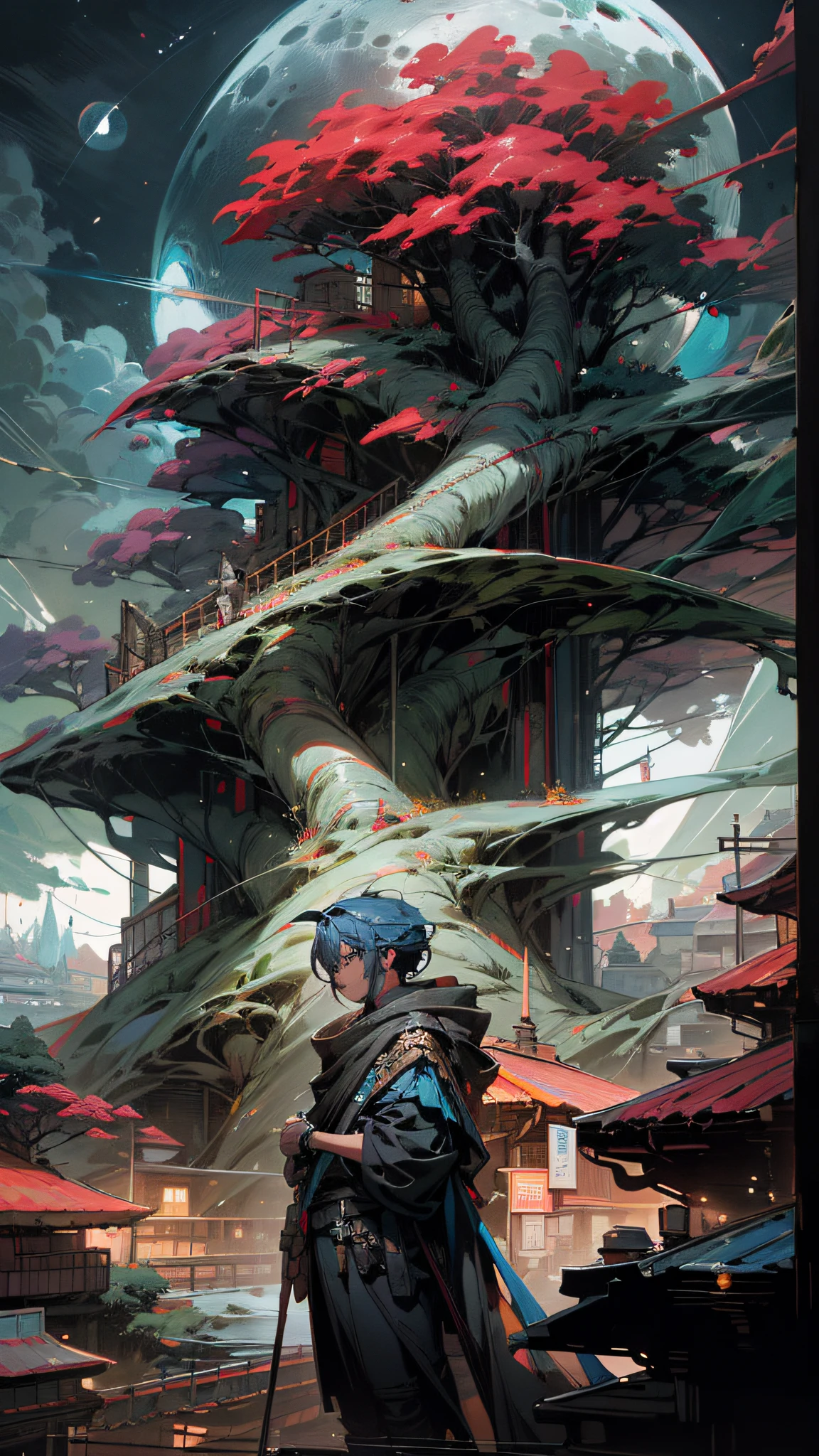 Outstanding, high quality, 8K, saturated color palette, narrative diptych, light blue and dark Amberadin Shiro City meets nature, by Sidney,
, with red rivers and trees, in a detailed character illustration style, ultra HD images, rich in detail, (huge moon),