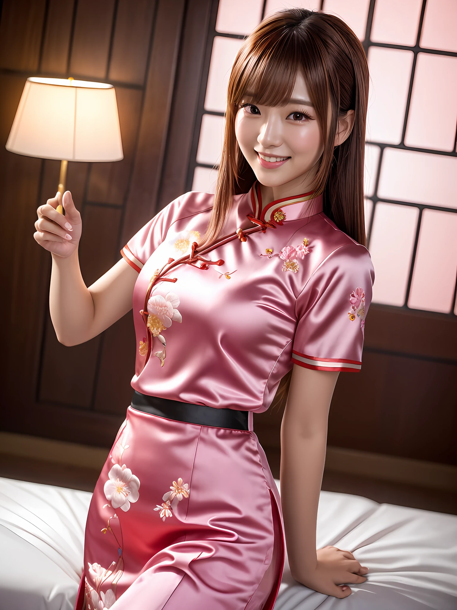 masterpiece, 1 girl per 1 photo, upper body shot, directly front view, a Japanese young pretty woman, wearing a short sleeve satin pink cheongsam with floral embroideries in a house, big smile, glamorous figure, hyper cute face, glossy lips, sweaty body, double eyelids in both eyes, Natural makeup, long eyelashes, shiny smooth light brown hair of long bob hair, asymmetrical bangs, tanned skin, central image, 8K resolution, high detail, detailed hairstyle, Detailed Face, spectacular cinematic lighting, octane rendering, vibrant, hyper realistic, perfect limbs, perfect anatomy