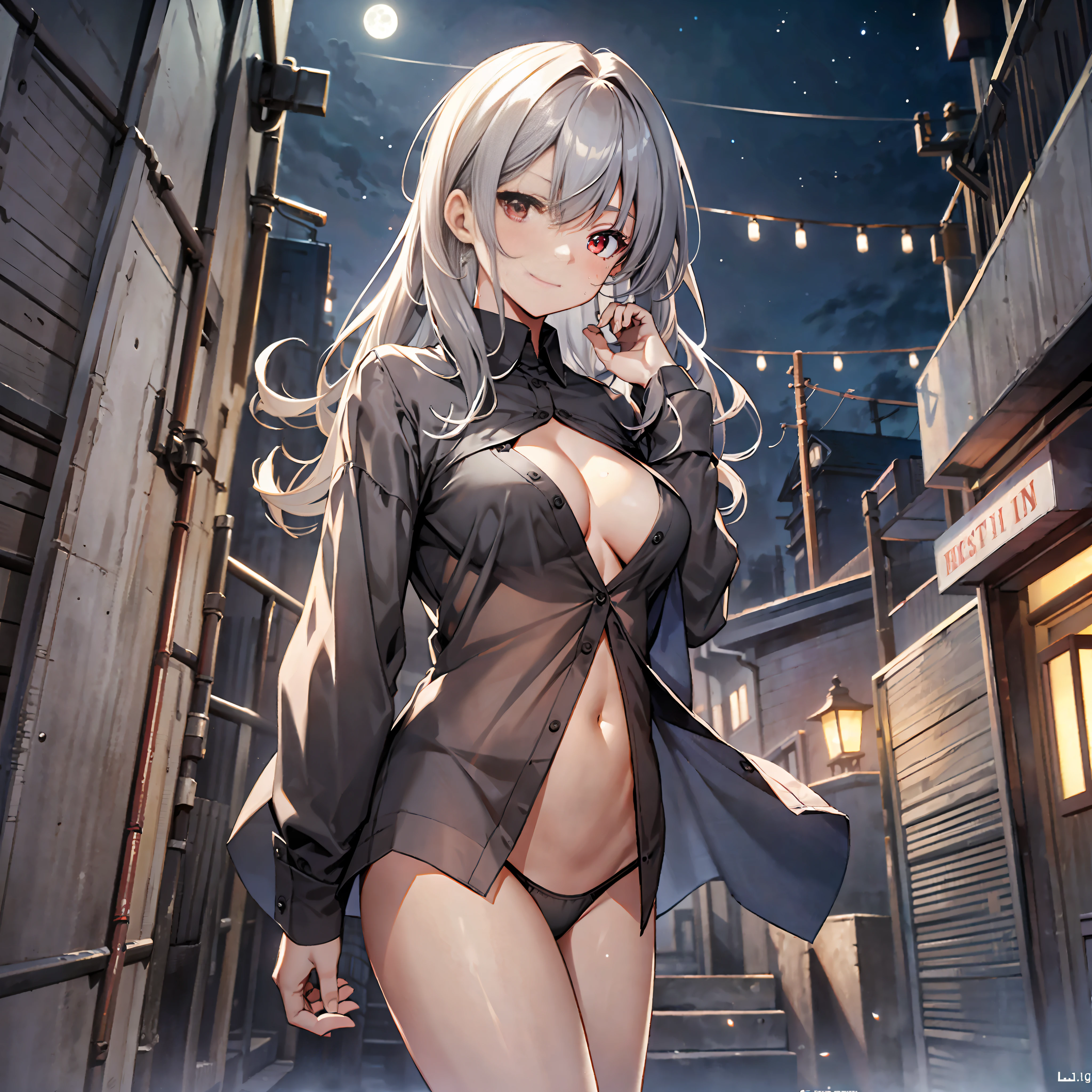 Ultra High Resolution, Masterpiece, (Lori: 1.5), (Gray hair: 1.5), Detailed details, Red eyes, (Small breasts: 1.5), Full body view, Navel, Background blur, Ray tracing, Eyes looking at camera, Happy expression, Bareleg, Barefoot, (Panties only: 1.5), Standing, (Big White Shirt: 1.2), (Shirt unbuttoning: 1.2), (Without bra: 1.3), (Black panties: 1.2), Sheer clothes, slim figure, slender legs, sweat, (suburbs: 1.5), (night: 1.5), (Full moon: 1.2), (Riverside: 1.5), (Firefly: 1.4), moonlight,