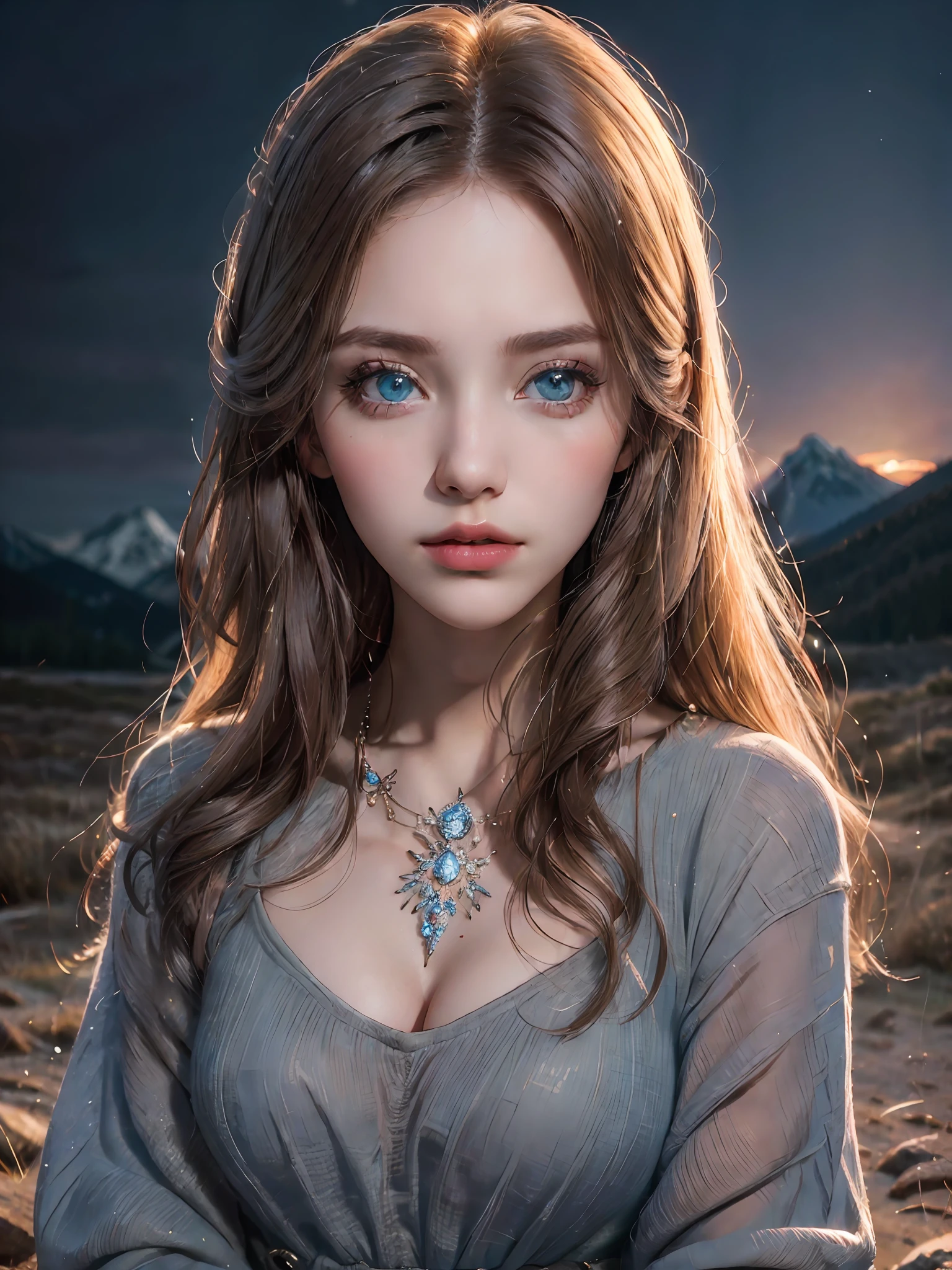 (Masterpiece, high quality, real photo), 1girl, beautiful face, big eyes, light makeup, dusk, campfire, distant mountain background, blurred background, symmetry in the center