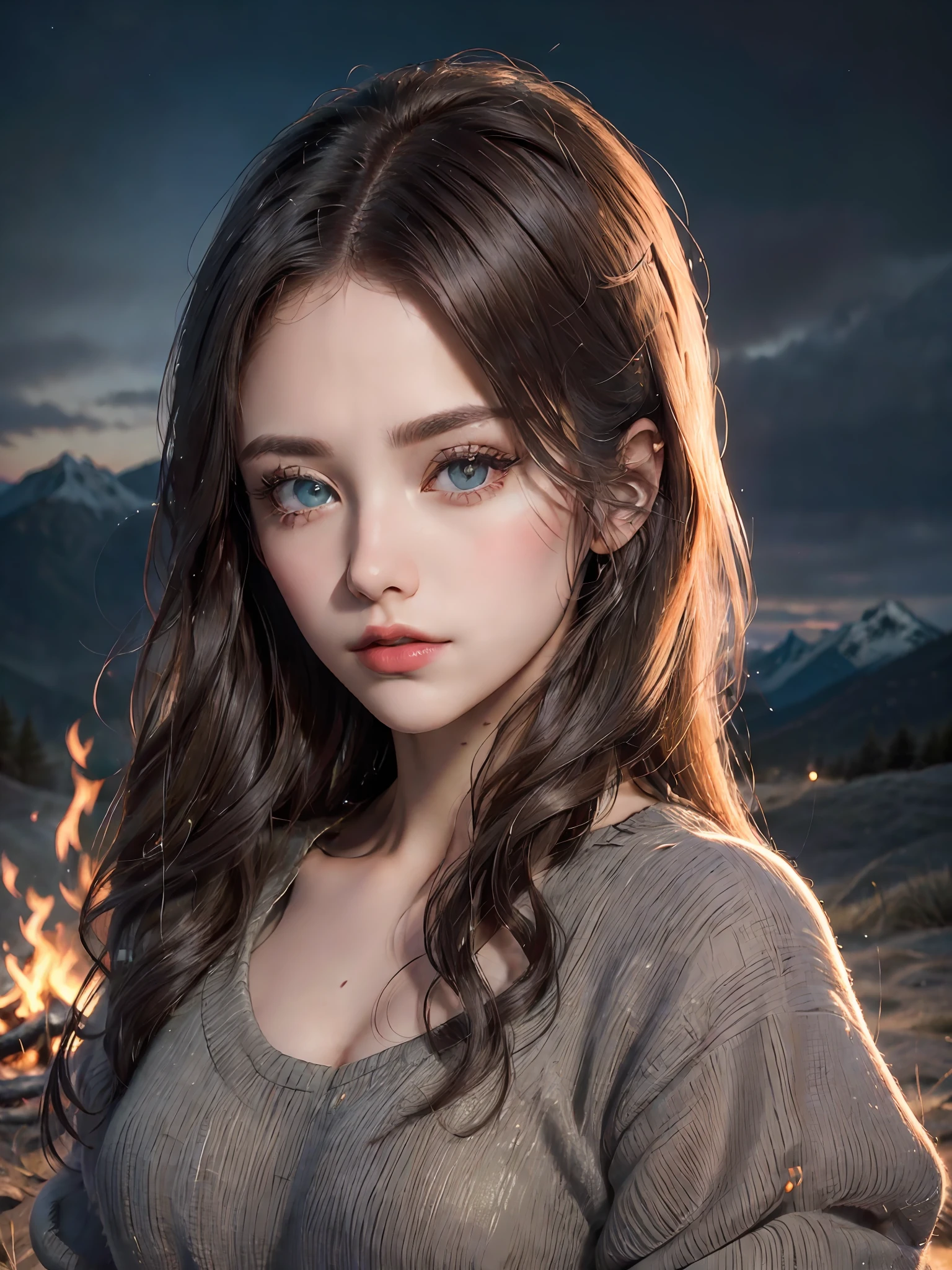 (Masterpiece, high quality, real photo), 1girl, beautiful face, big eyes, light makeup, dusk, campfire, distant mountain background, blurred background, symmetry in the center