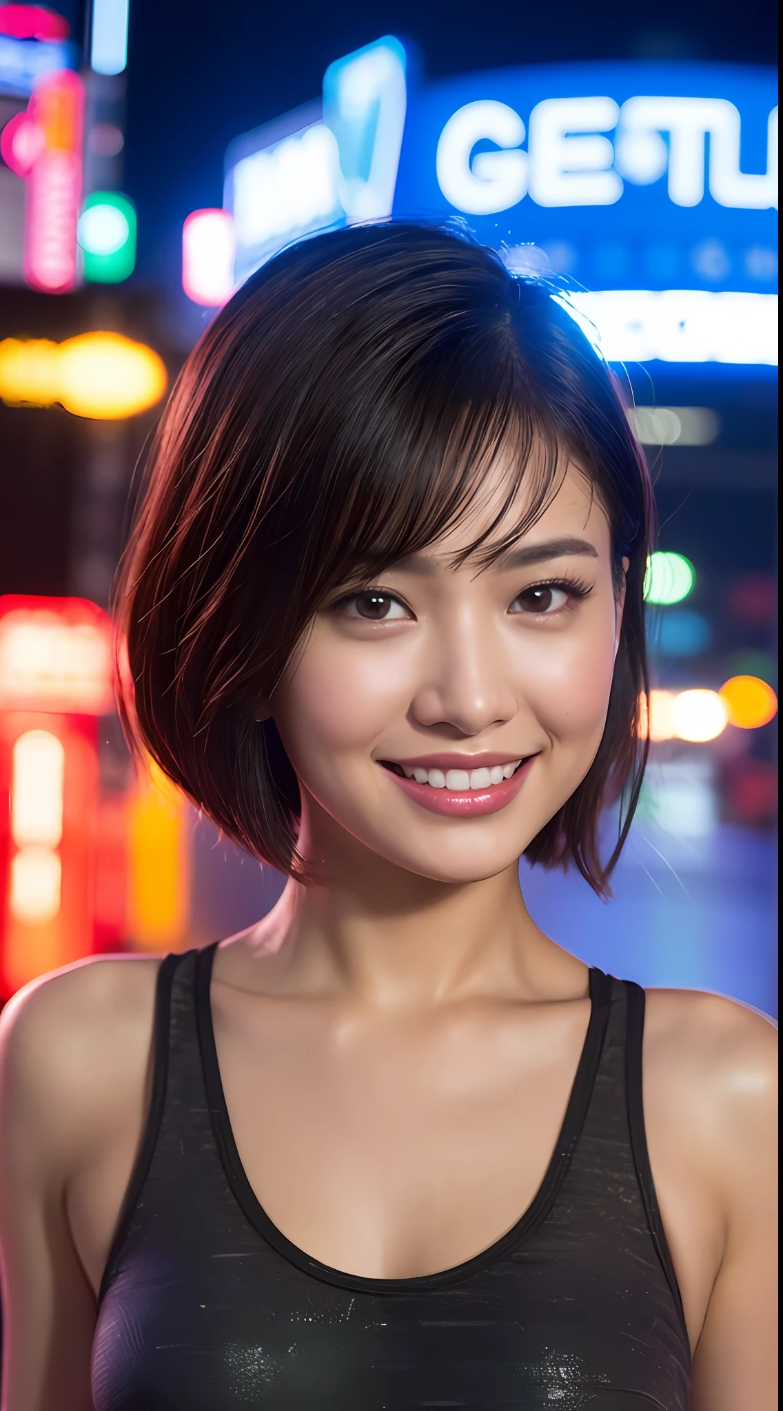 (8k, RAW Photos, Best Quality, High Resolution: 1.1), (Ultra-Realistic: 1.4), (Realistic, Photorealistic: 1.3), Soft Light, Big Girl, Realistic Face, Realistic Body, Realistic Skin, Absurdity, Masterpiece, (Cute: 1.8), Cuties, Solo, (Large: 1.2), Detailed Black Eyes, Innocent Eyes, Cheeks, (Tank Top: 1.2), Cinema Light, Film Grain, (((Short Hair: 1.1)), Cherry Colored Lips, Close Up, Look Viewer, Upper Body, Open Lips, Upper Teeth, (Smiling Eyes: 0.6), (grinning: 1.2)), Depth of Field, Blurred Background, Eye Focus, Bokeh, Midnight, Shinjuku, Neon Sign, Cyberpunk, Rain, 85mm Lens, f/1.4, Professional Lighting, Young, Portrait, Photon mapping, radiosity, and physically based rendering