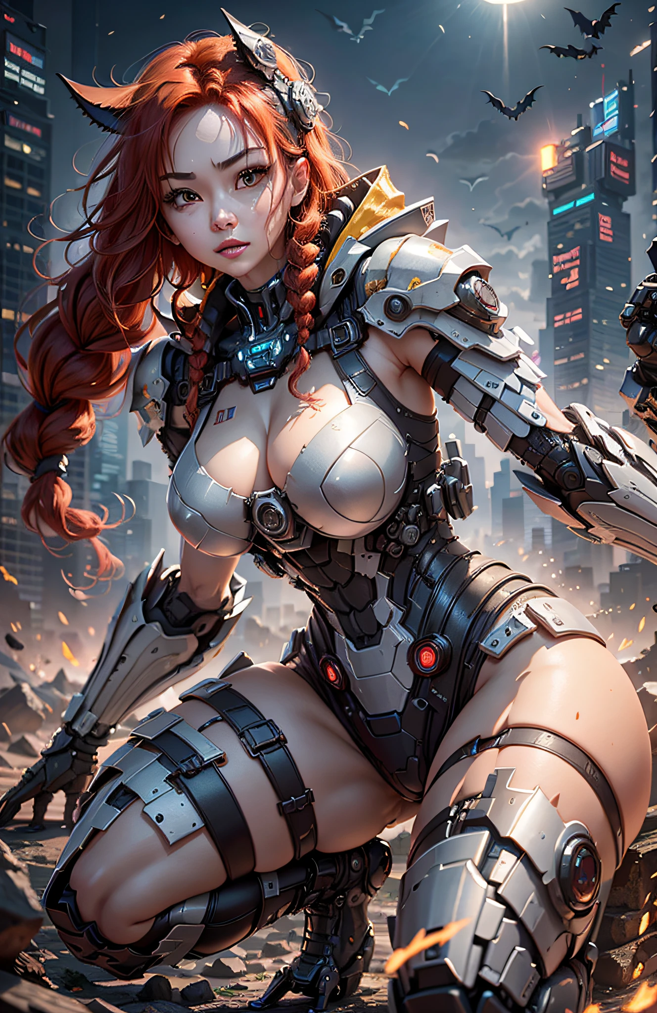 (Best Quality)), ((Masterpiece)), (Very Detailed: 1.3), 3D, Beautiful cyberpunk woman, batman cosplay, sci-fi technology, HDR (High Dynamic Range), ray tracing, nvidia RTX, super resolution, unreal 5, subsurface scattering, PBR texture, post-processing, anisotropic filtering, depth of field, maximum sharpness and sharpness, multi-layer texture, specular and albedo mapping, surface shading, accurate simulation of light-material interactions,  perfect proportions, octane rendering, duotone lighting, low ISO, white balance, rule of thirds, wide aperture, 8K RAW, high efficiency subpixels, subpixel convolution, light particles, light scattering, Tyndall effect, very sexy bikini, full body, battle pose, red hair with braids, bats in the sky notuno, full moon,