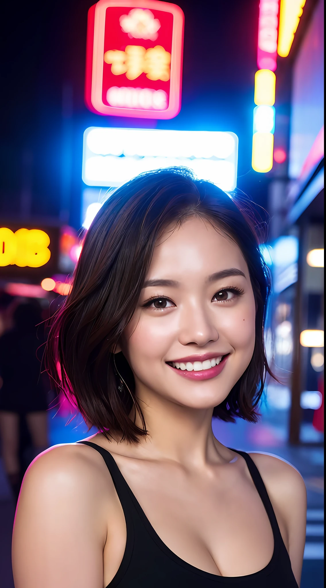 (8k, RAW Photos, Best Quality, High Resolution: 1.1), (Ultra-Realistic: 1.4), (Realistic, Photorealistic: 1.3), Soft Light, Big Girl, Realistic Face, Realistic Body, Realistic Skin, Absurdity, Masterpiece, (Cute: 1.8), Cuties, Solo, (Large: 1.2), Detailed Black Eyes, Innocent Eyes, Cheeks, (Tank Top: 1.2), Cinema Light, Film Grain, (((Short Hair: 1.1)), Cherry Colored Lips, Close Up, Look Viewer, Upper Body, Open Lips, Upper Teeth, (Smiling Eyes: 0.6), (grinning: 1.2)), Depth of Field, Blurred Background, Eye Focus, Bokeh, Midnight, Shinjuku, Neon Sign, Cyberpunk, Rain, 85mm Lens, f/1.4, Professional Lighting, Young, Portrait, Photon mapping, radiosity, and physically based rendering