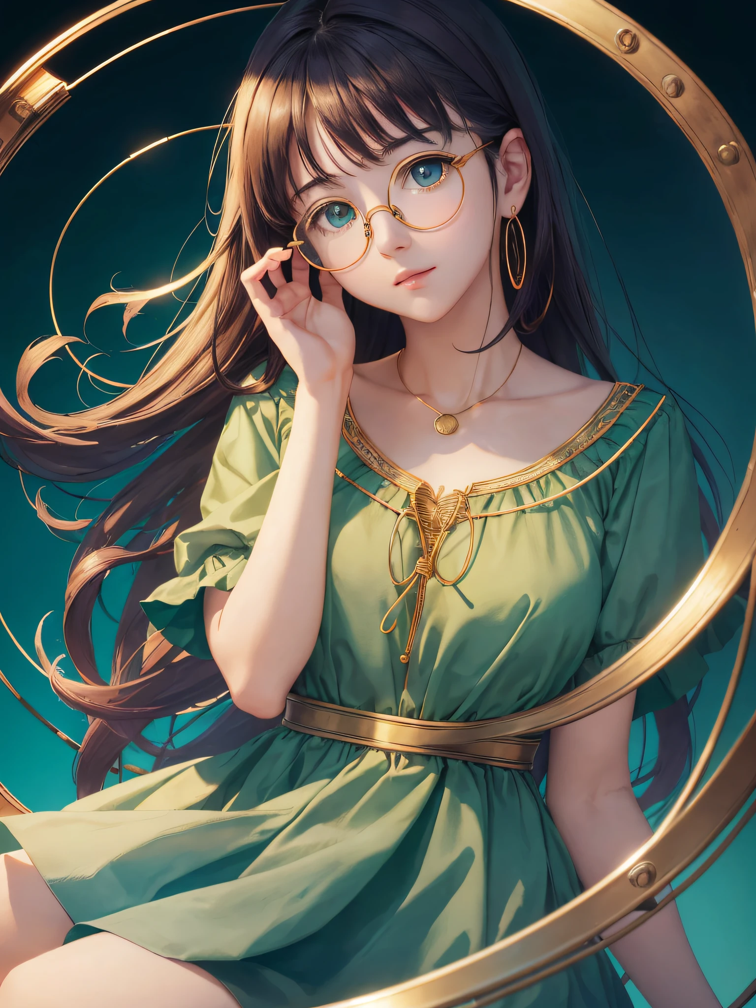 (Masterpiece, highest quality, super large resolution); (CG illustration); (a cute and cute girl); (sleepiness) (exhaustion); ((round-framed gold wire glasses)), (fashionable) (trendy); Rich colors, cyan, orange, yellow, green, cyan, blue, purple, fashion typography, magazine cover poster, hyper-detail, art, title, logo, label, badge, graphic design, detail post-processing, depth of field, high brightness, high saturation, more white space;