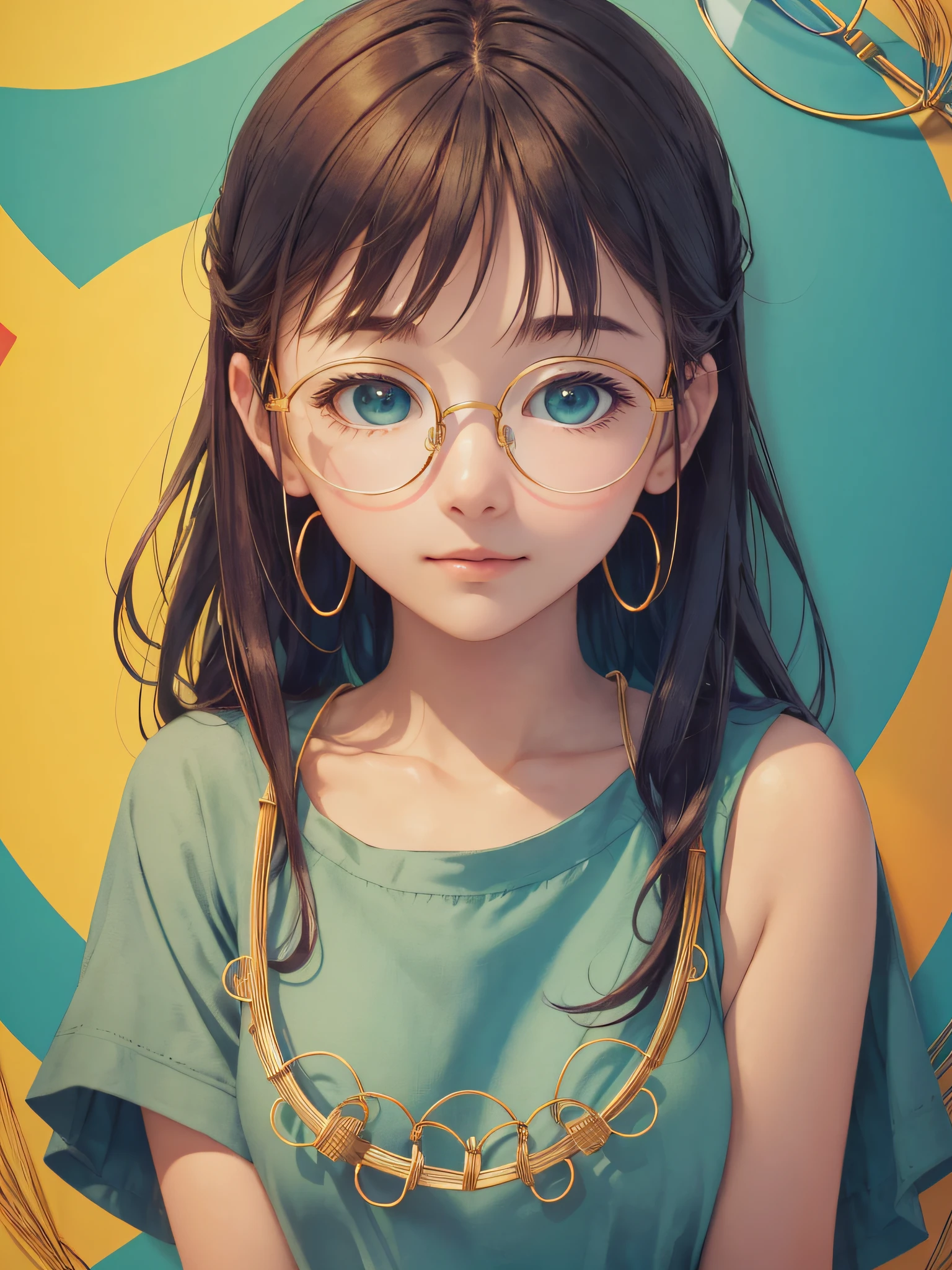 (Masterpiece, highest quality, super large resolution); (CG illustration); (a cute and cute girl); (sleepiness) (exhaustion); ((round-framed gold wire glasses)), (fashionable) (trendy); Rich colors, cyan, orange, yellow, green, cyan, blue, purple, fashion typography, magazine cover poster, hyper-detail, art, title, logo, label, badge, graphic design, detail post-processing, depth of field, high brightness, high saturation, more white space;