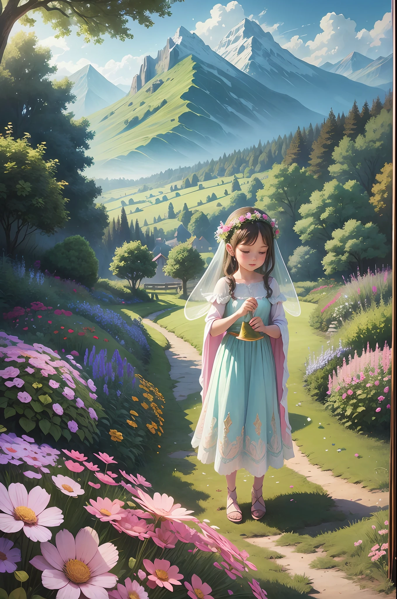 Fairy with beautiful wings congratulating the little girl in long dress in her garden for her generosity with a landscape on the background of mountains bright colors beautiful drawing for children to love --auto --s2