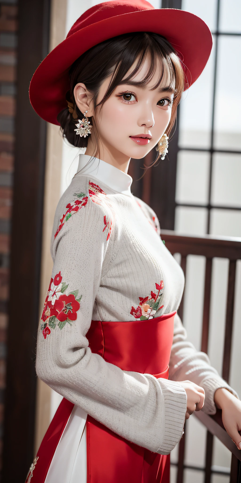a girl,solo,masterpiece,best quality,highres,Extreme detaildelicate face,Extreme detaildelicate eyes,(face alignment),fair complexion,Exquisite hairstyle,light-colored lips,A charming smile.Strong sense of detail and layer,rich and gorgeous color,with a unique sense of texture, Rich color, color harmony, vivid painting ,design,16k,hyper detailed, abstractionism,wearing a light gray dress, printed with bouquets and red and dark gray ribbons, was paired with a red waistband and a hat decorated with small flowers for a festive winter vibe. And her hair up in an Delicate and beautiful fashion.