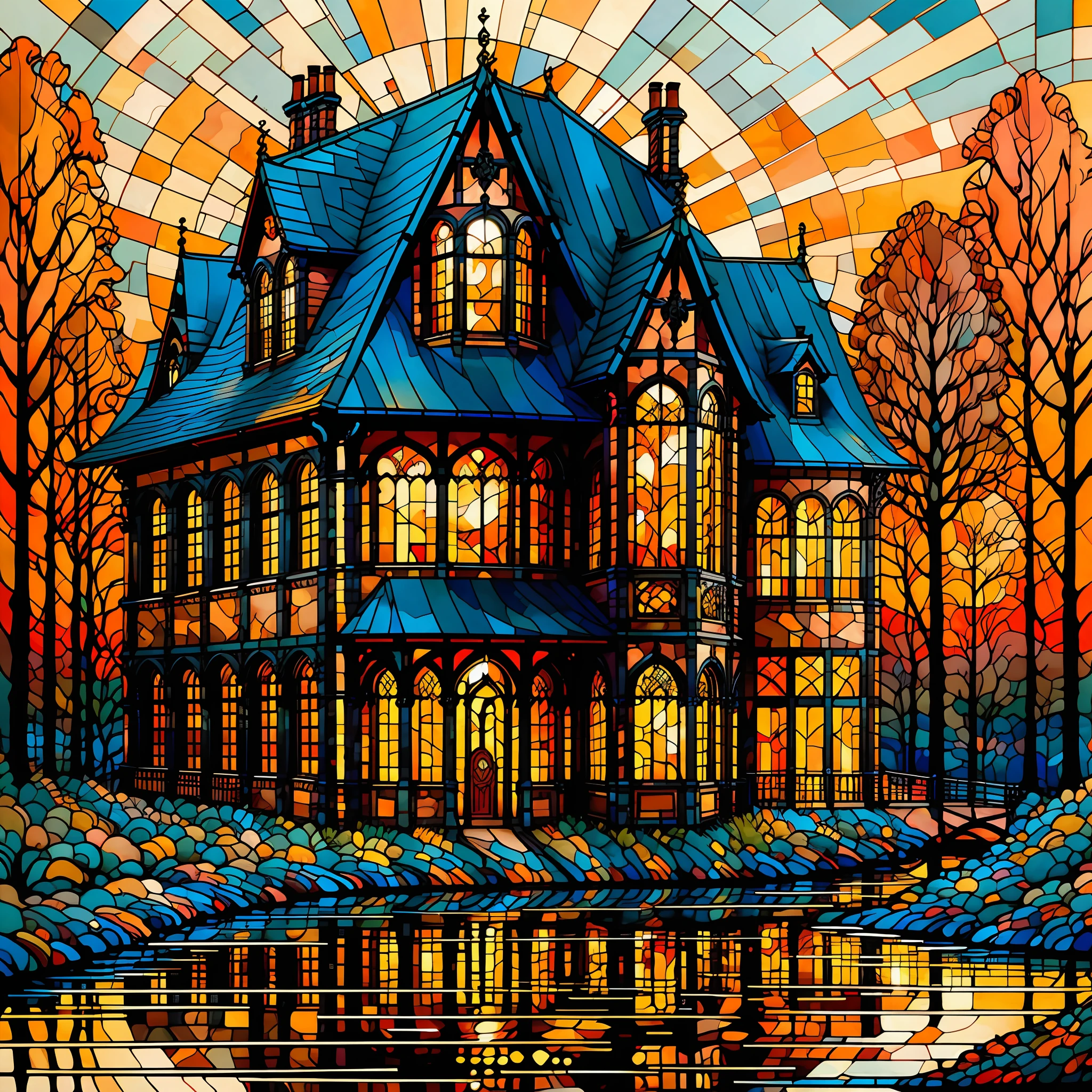 A st41nedg house, Epic movie poster, professional photo, beautiful church in amazing autumn forest landscape, professional digital art, professional lighting, dramatic lighting, high resolution, 8k, ultra high definition, HDRI, style, model shoot style, style rcnz_hqr, serene country farmyard scene, quaint cottages nestled along rolling green fields, colorful flower gardens, and beautiful cobblestone streets