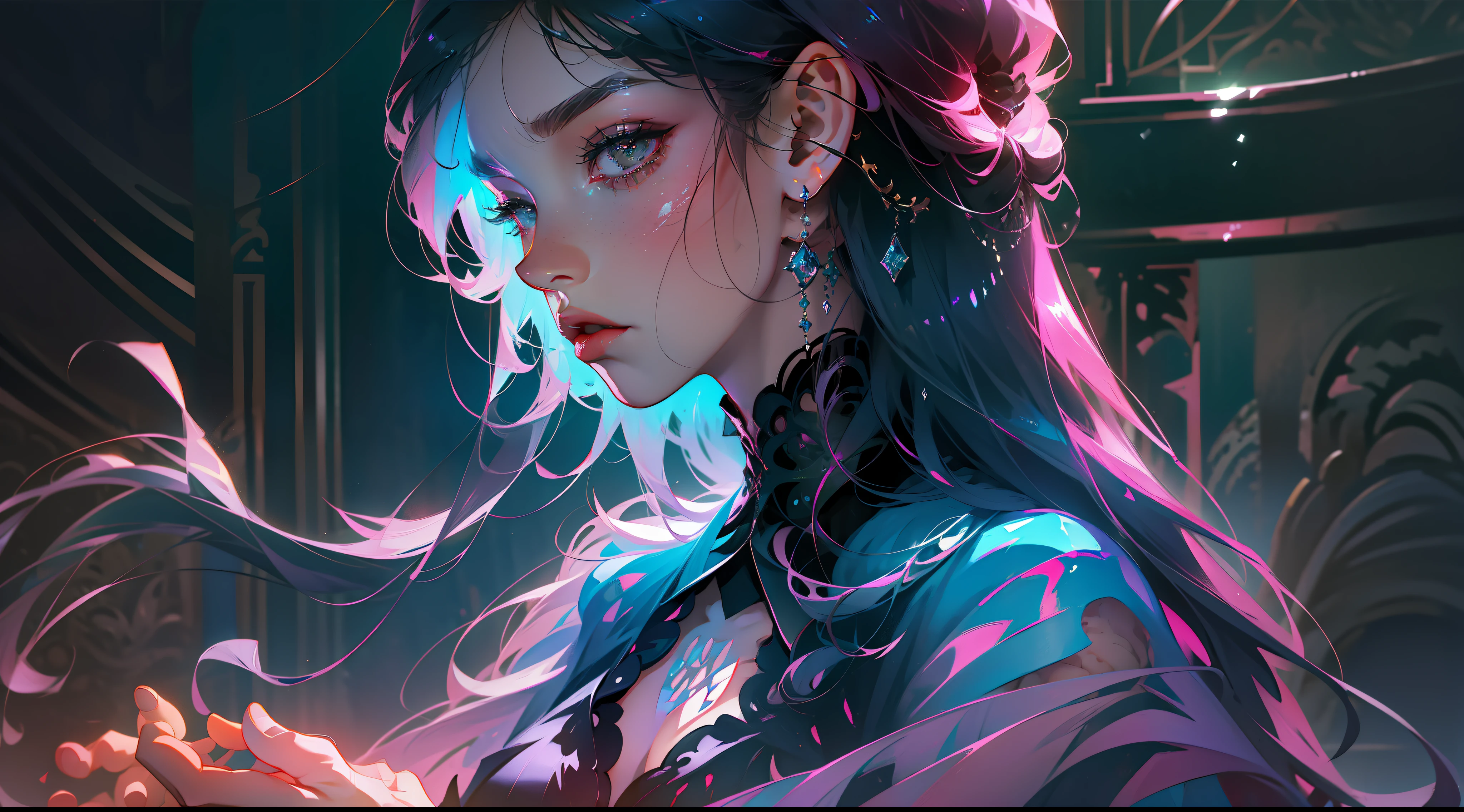 Official Art, Unity 8k wallpaper, ultra-detailed, beautiful, beautiful, masterpiece, best quality, dark, atmospheric, mystical, romantic, creepy, literature, art, fashion, victorian, decoration, intricate, ironwork, lace, contemplation, emotional depth, supernatural, 1 girl, solo, neck, bust