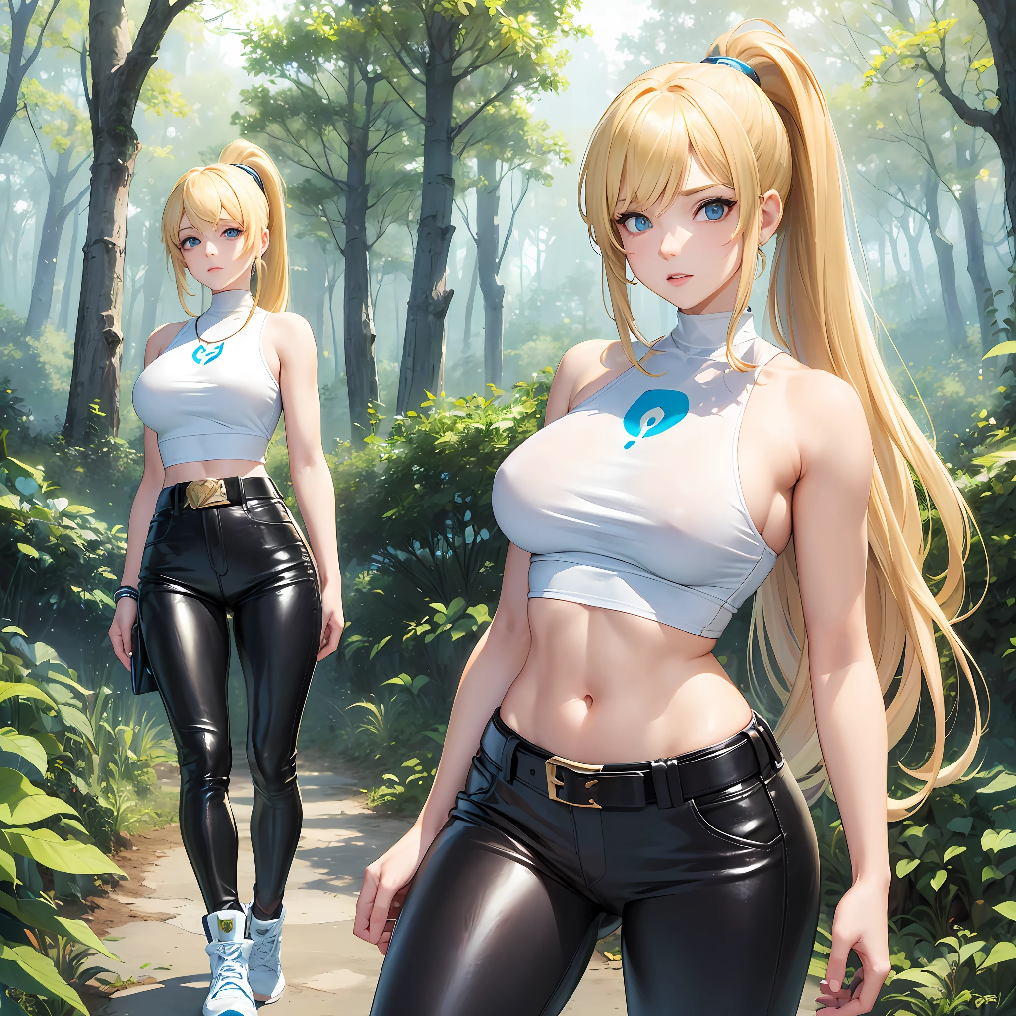 (masterpiece, best quality) 1.5, 1girl, solo, (sexy, beautiful woman, perfect face, perfect eyes), samus aran, leather legging pants with belt, white t-shirt with neckline, white sneakers, walking in the forest, (blue eyes, blonde hair, ponytail) --auto --s2