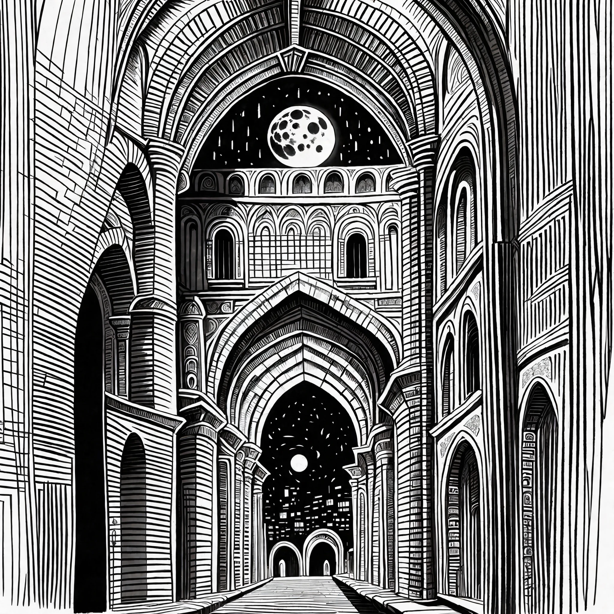 Gothic arches of Lapa at night sleeve style drawing black and white, moon, rio de Janeiro, aqueduct --auto --s2